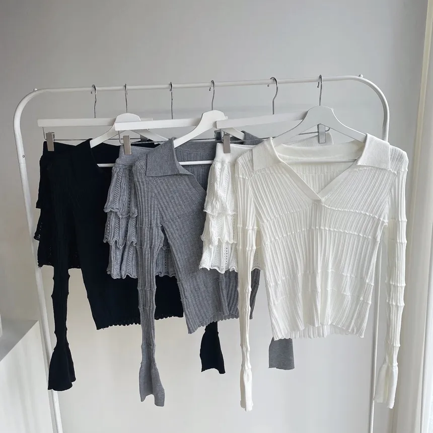 パンチングオープンカラー長袖ベルスリーブスリムニット | mirangmirang | 詳細画像32