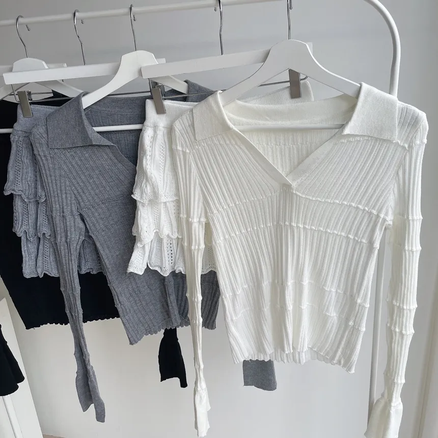 パンチングオープンカラー長袖ベルスリーブスリムニット | mirangmirang | 詳細画像33