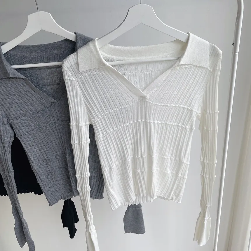 パンチングオープンカラー長袖ベルスリーブスリムニット | mirangmirang | 詳細画像37