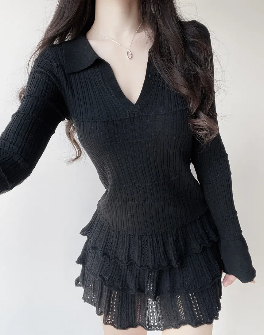 パンチングオープンカラー長袖ベルスリーブスリムニット | mirangmirang | 詳細画像65