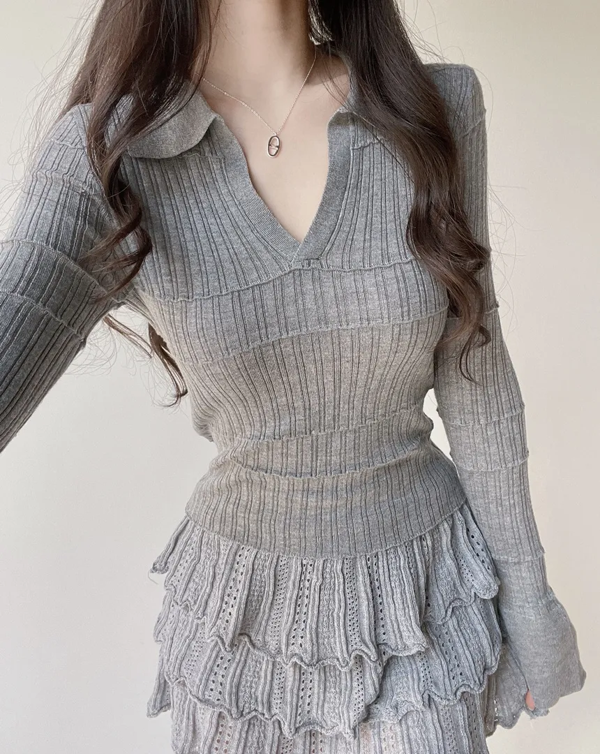 パンチングオープンカラー長袖ベルスリーブスリムニット | mirangmirang | 詳細画像70