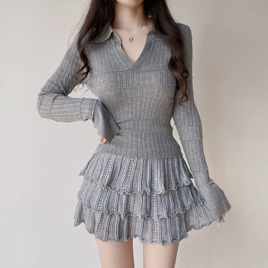 パンチングオープンカラー長袖ベルスリーブスリムニット | mirangmirang | 詳細画像71