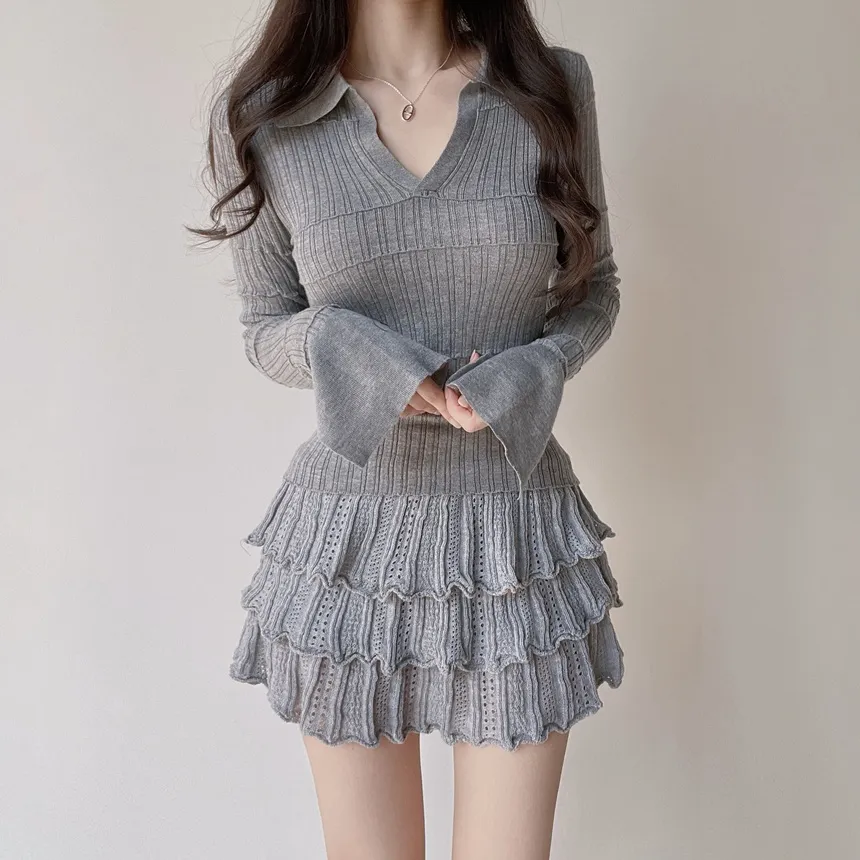 パンチングオープンカラー長袖ベルスリーブスリムニット | mirangmirang | 詳細画像72