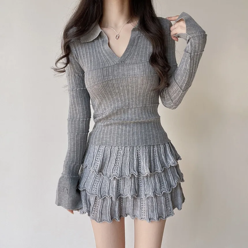 パンチングオープンカラー長袖ベルスリーブスリムニット | mirangmirang | 詳細画像74