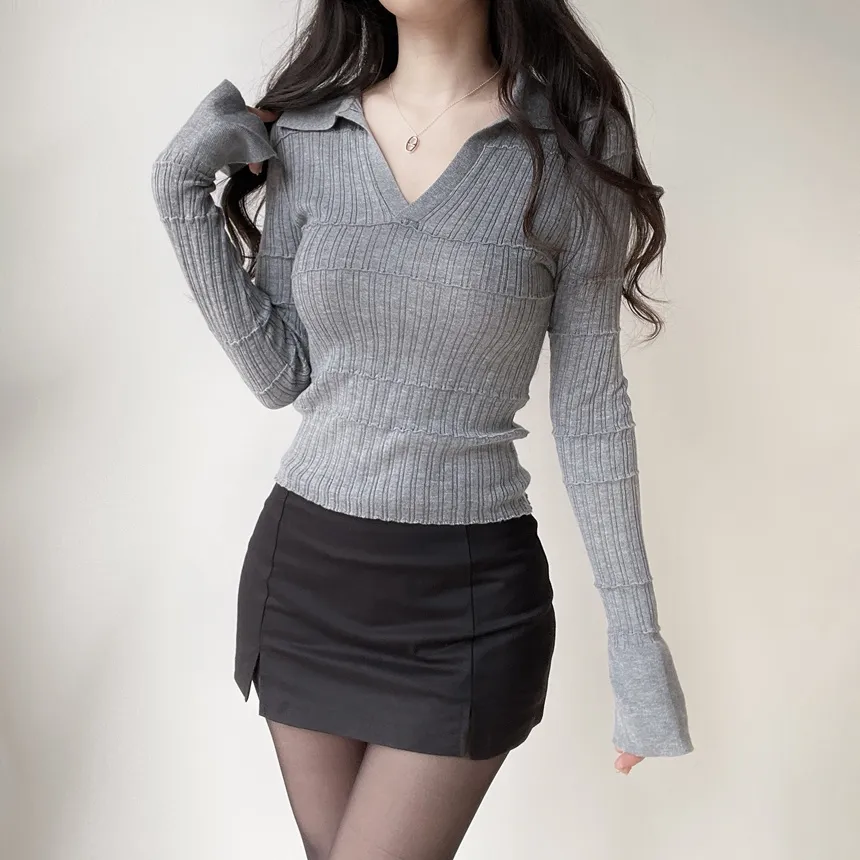 パンチングオープンカラー長袖ベルスリーブスリムニット | mirangmirang | 詳細画像84