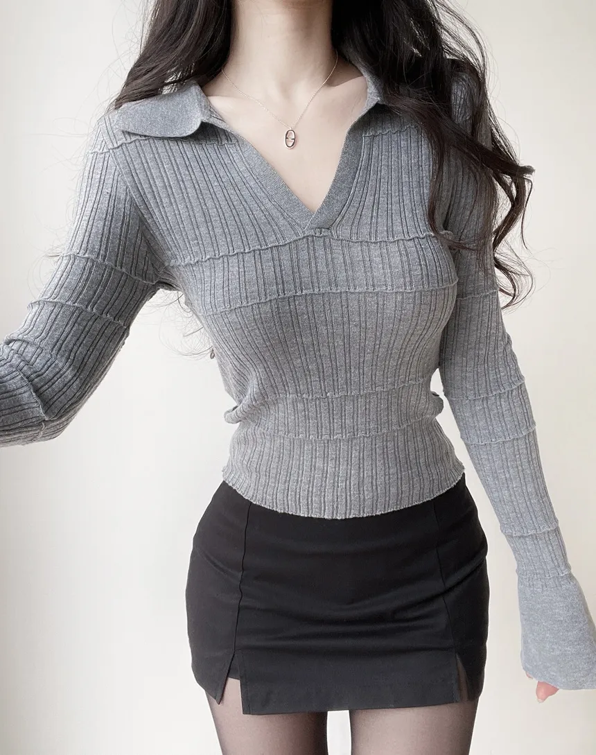 パンチングオープンカラー長袖ベルスリーブスリムニット | mirangmirang | 詳細画像85