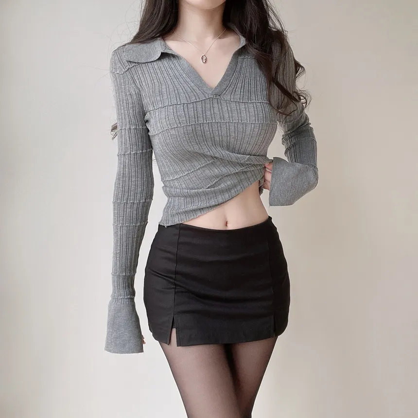 パンチングオープンカラー長袖ベルスリーブスリムニット | mirangmirang | 詳細画像86