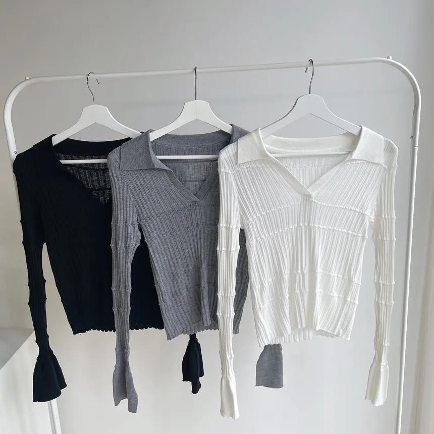 パンチングオープンカラー長袖ベルスリーブスリムニット | mirangmirang | 詳細画像92