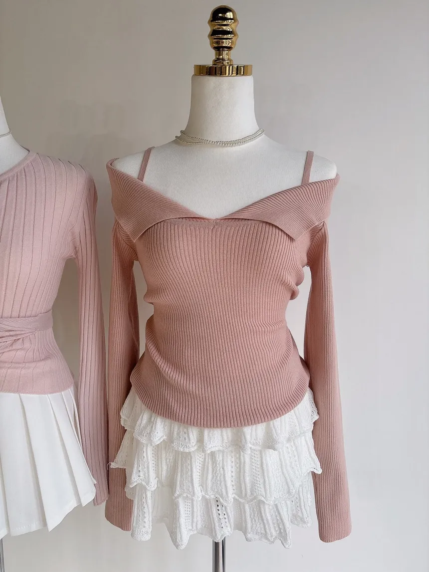 パンチングオープンカラー長袖ベルスリーブスリムニット | mirangmirang | 詳細画像111