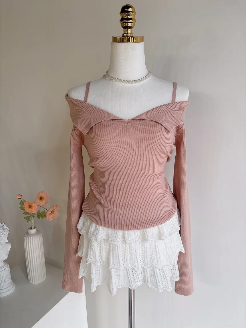 パンチングオープンカラー長袖ベルスリーブスリムニット | mirangmirang | 詳細画像112