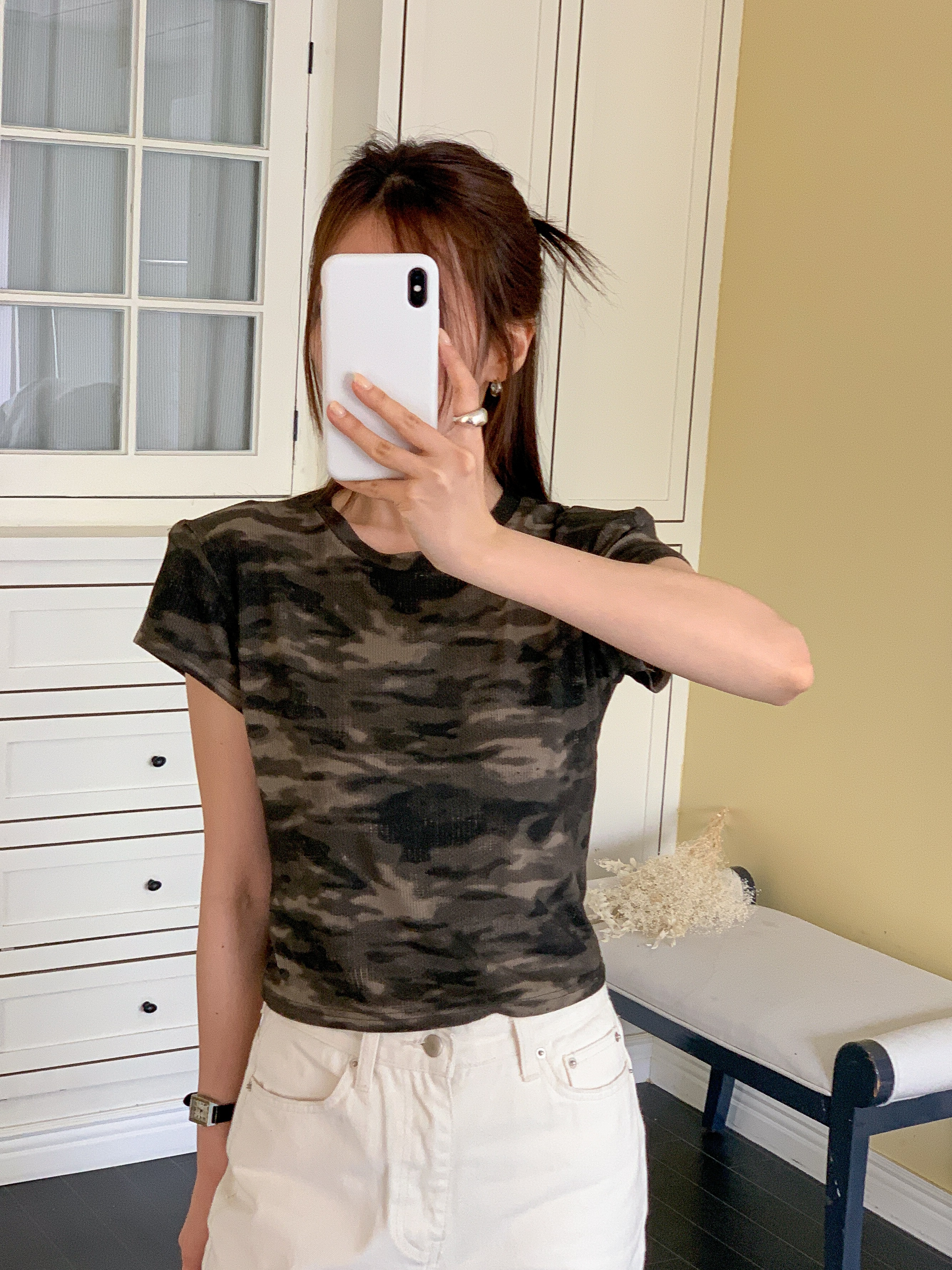 コットンラウンドネックスリム半袖セミクロップドカモフラージュTシャツ | 詳細画像2