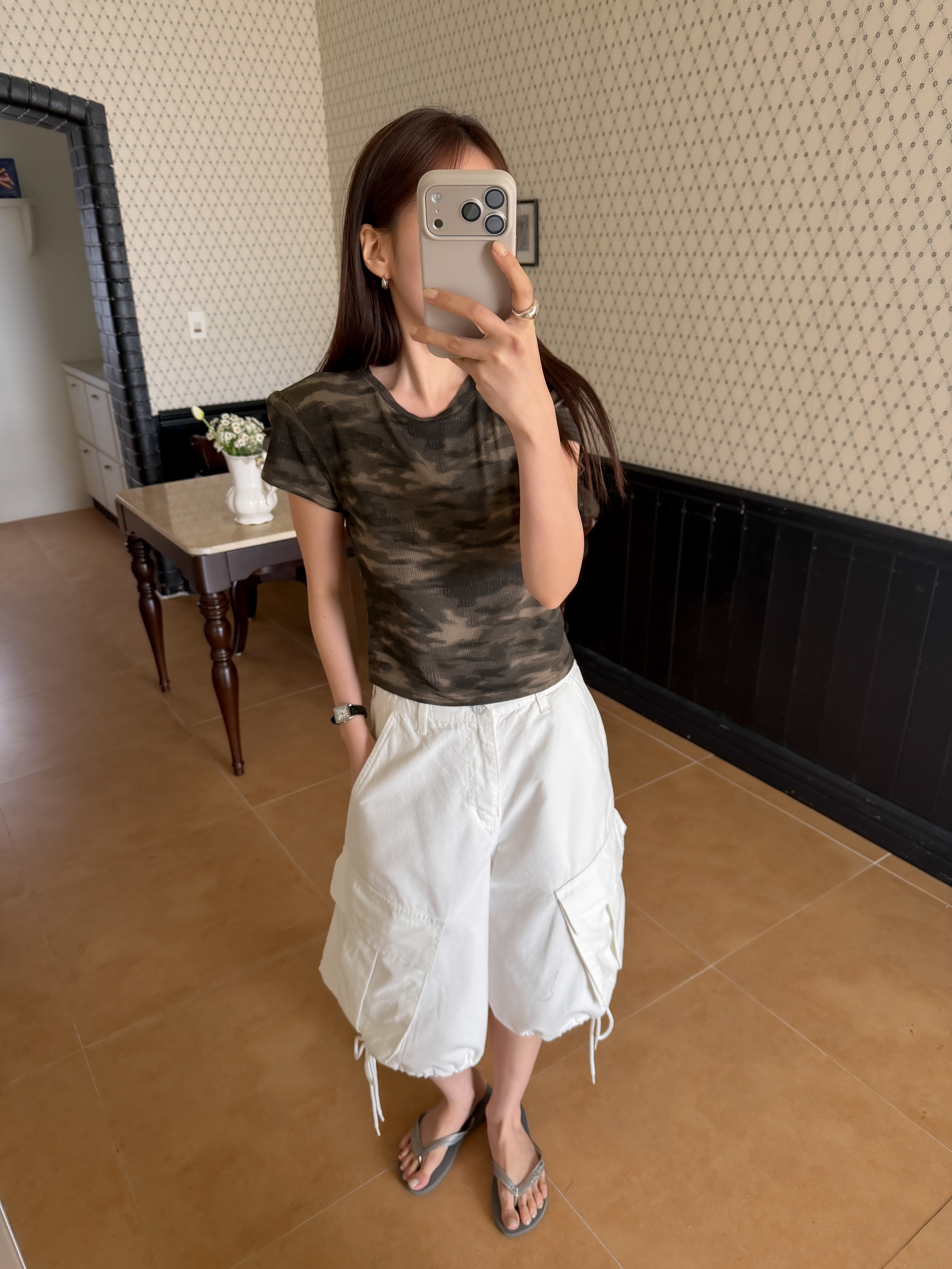 コットンラウンドネックスリム半袖セミクロップドカモフラージュTシャツ | 詳細画像6