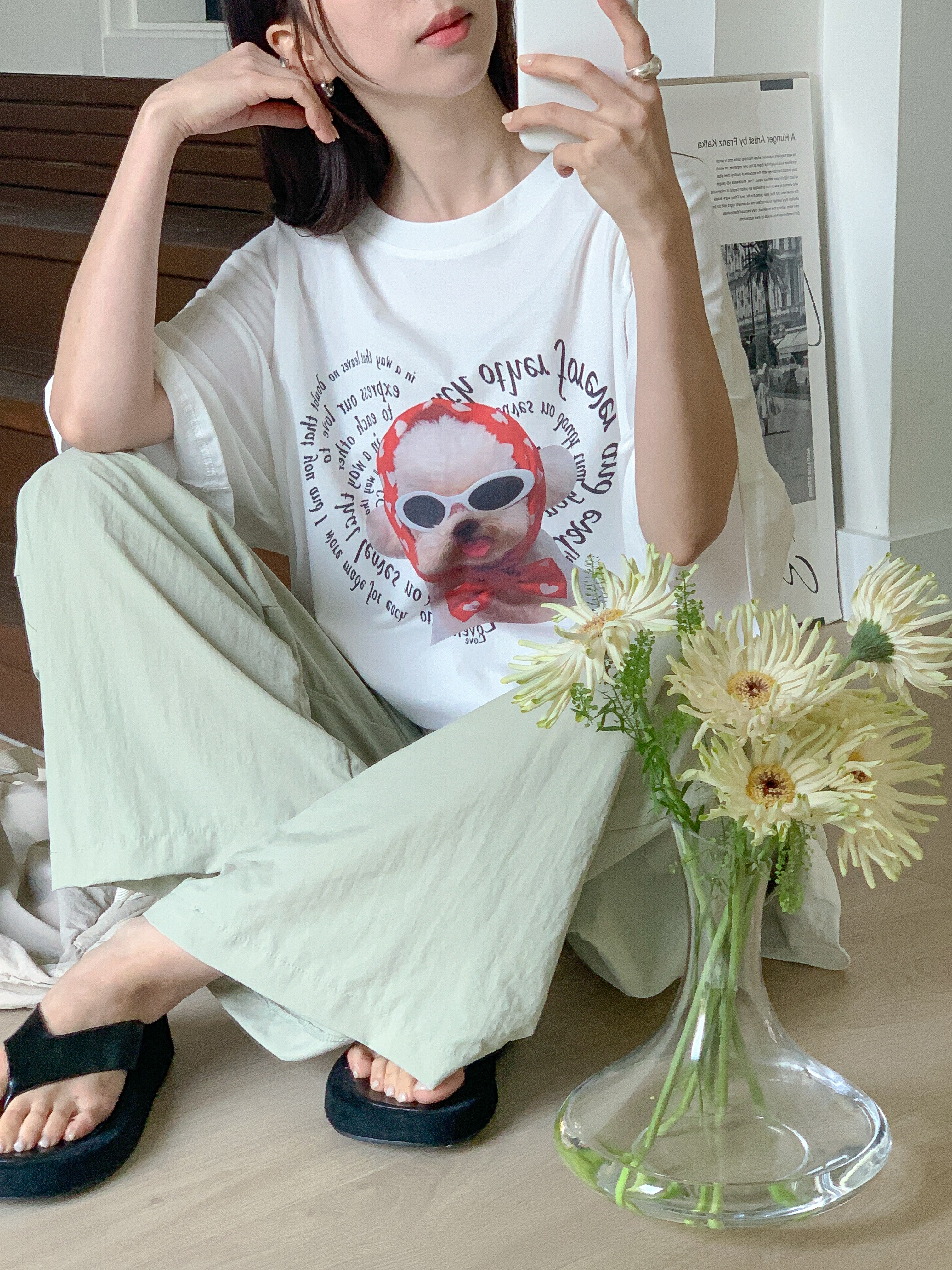 コットンラウンドネックオーバーサイズルーズ半袖ドロップショルダーレタリングプリント子犬犬ころTシャツ | 詳細画像2