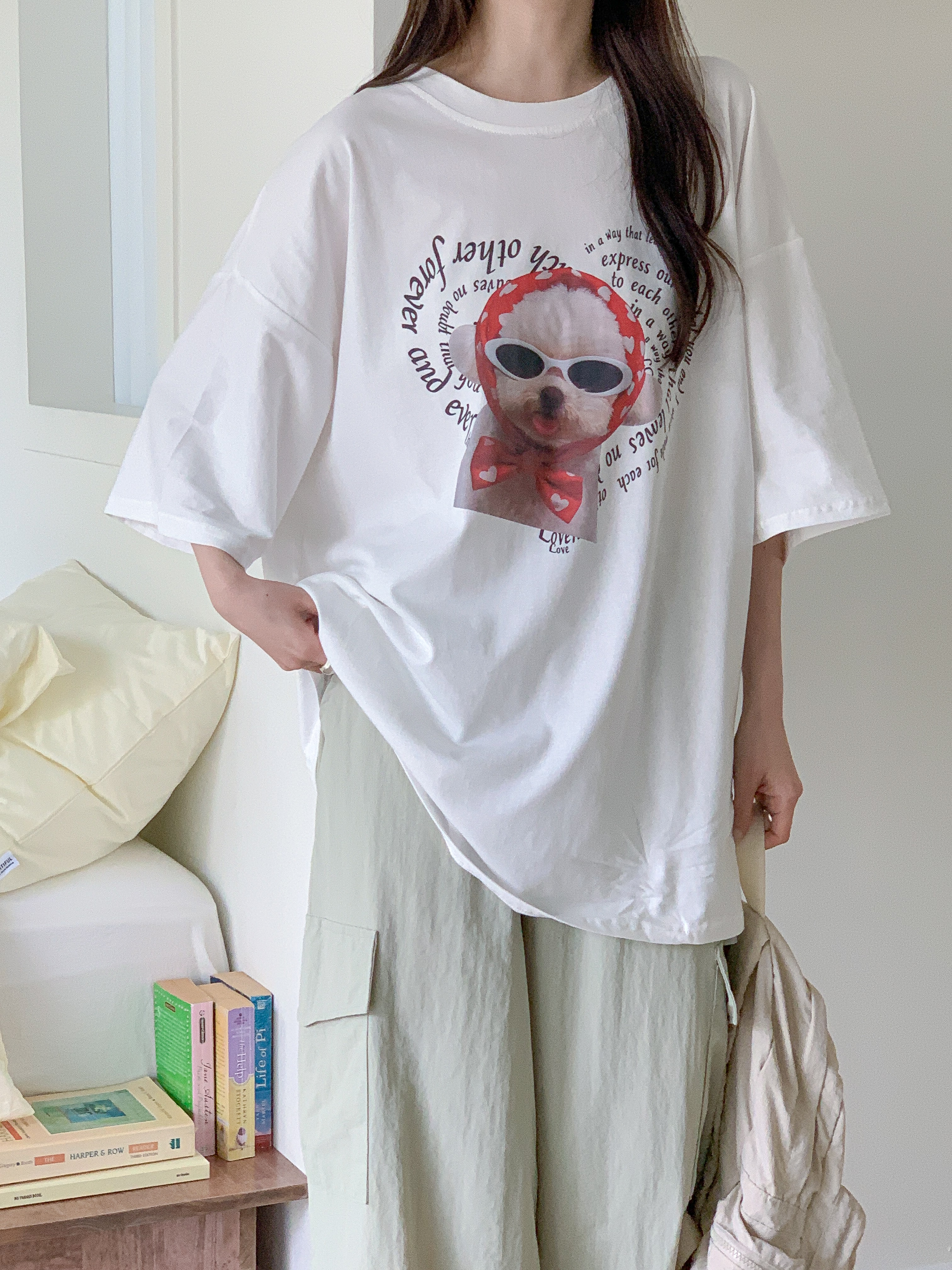 コットンラウンドネックオーバーサイズルーズ半袖ドロップショルダーレタリングプリント子犬犬ころTシャツ | 詳細画像3