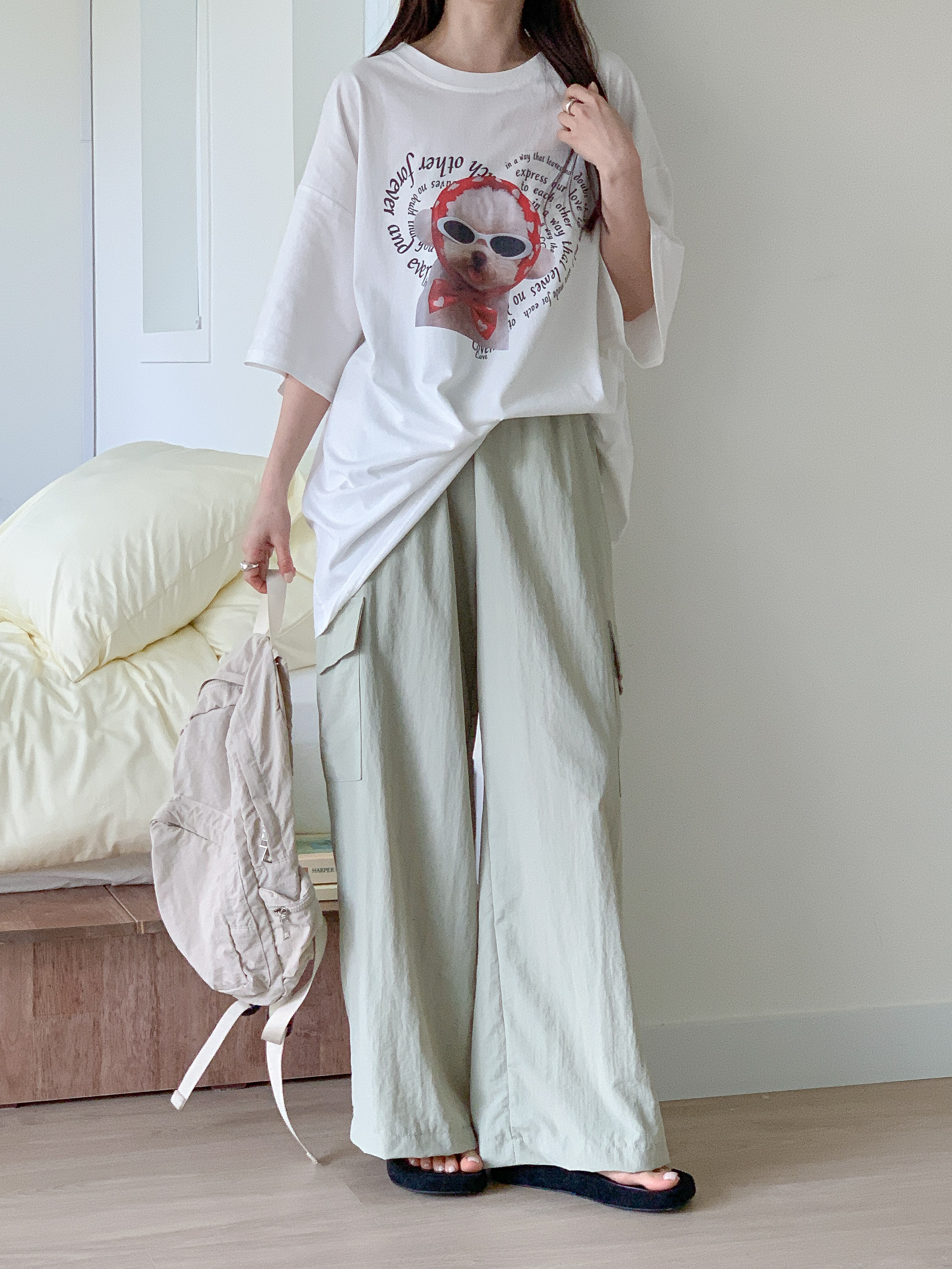 コットンラウンドネックオーバーサイズルーズ半袖ドロップショルダーレタリングプリント子犬犬ころTシャツ | 詳細画像5