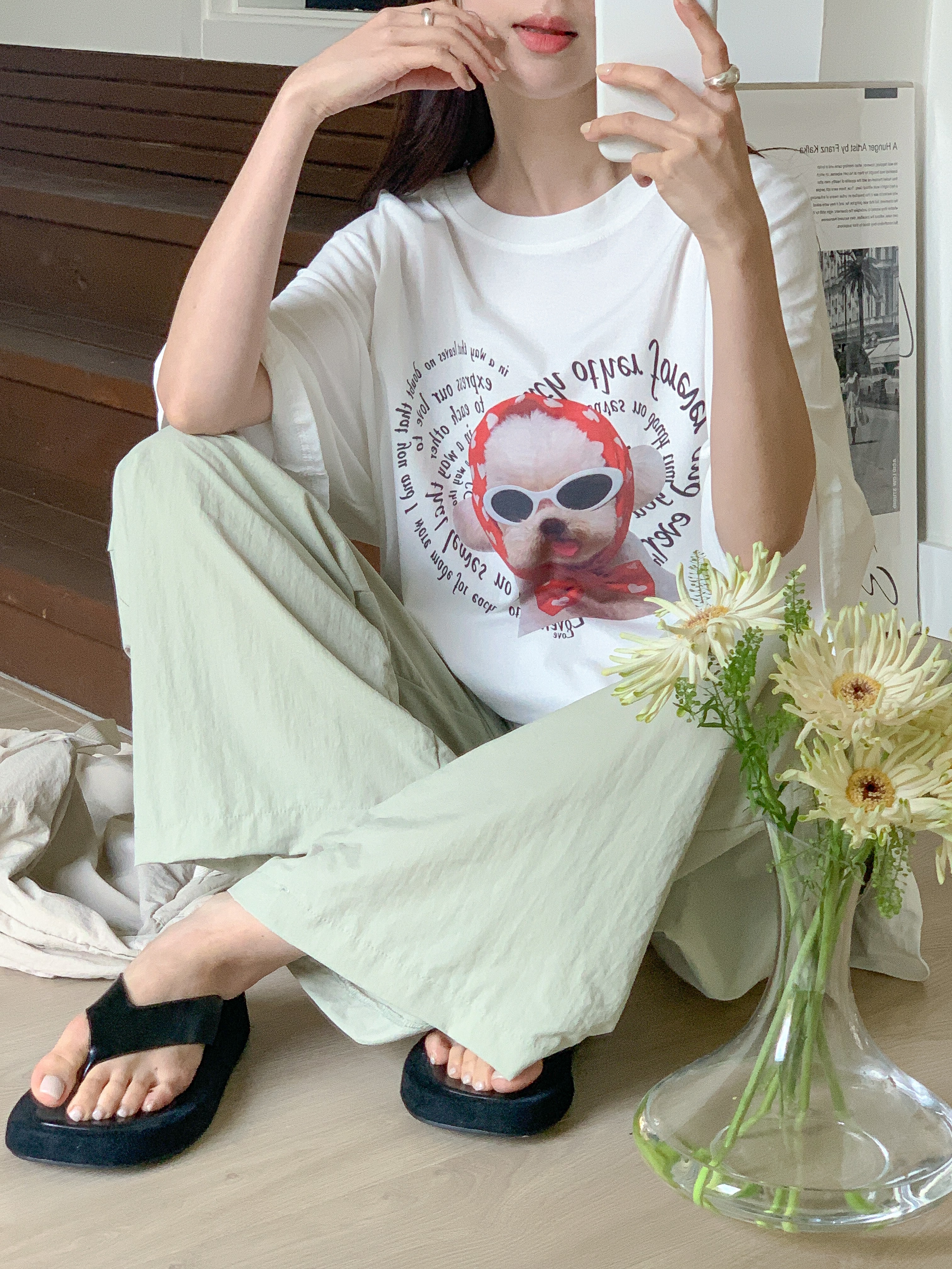 コットンラウンドネックオーバーサイズルーズ半袖ドロップショルダーレタリングプリント子犬犬ころTシャツ | 詳細画像6
