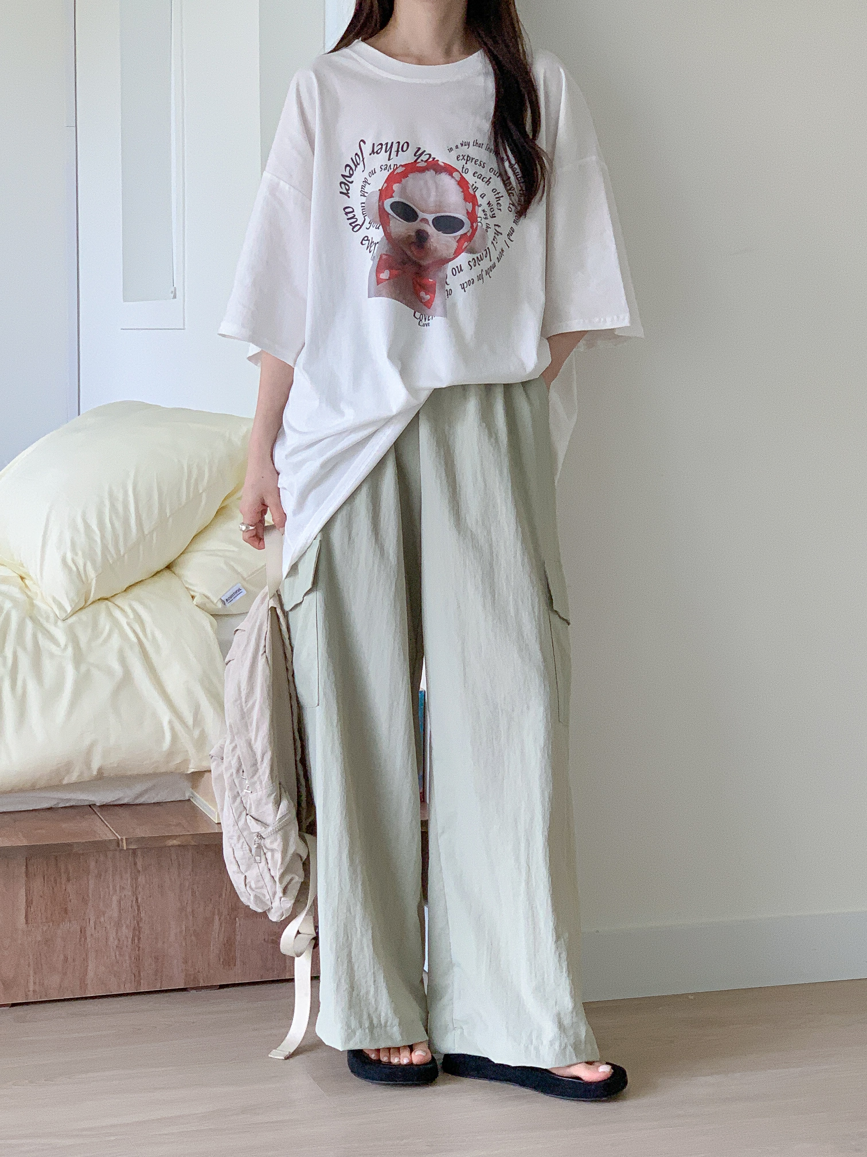 コットンラウンドネックオーバーサイズルーズ半袖ドロップショルダーレタリングプリント子犬犬ころTシャツ | 詳細画像7