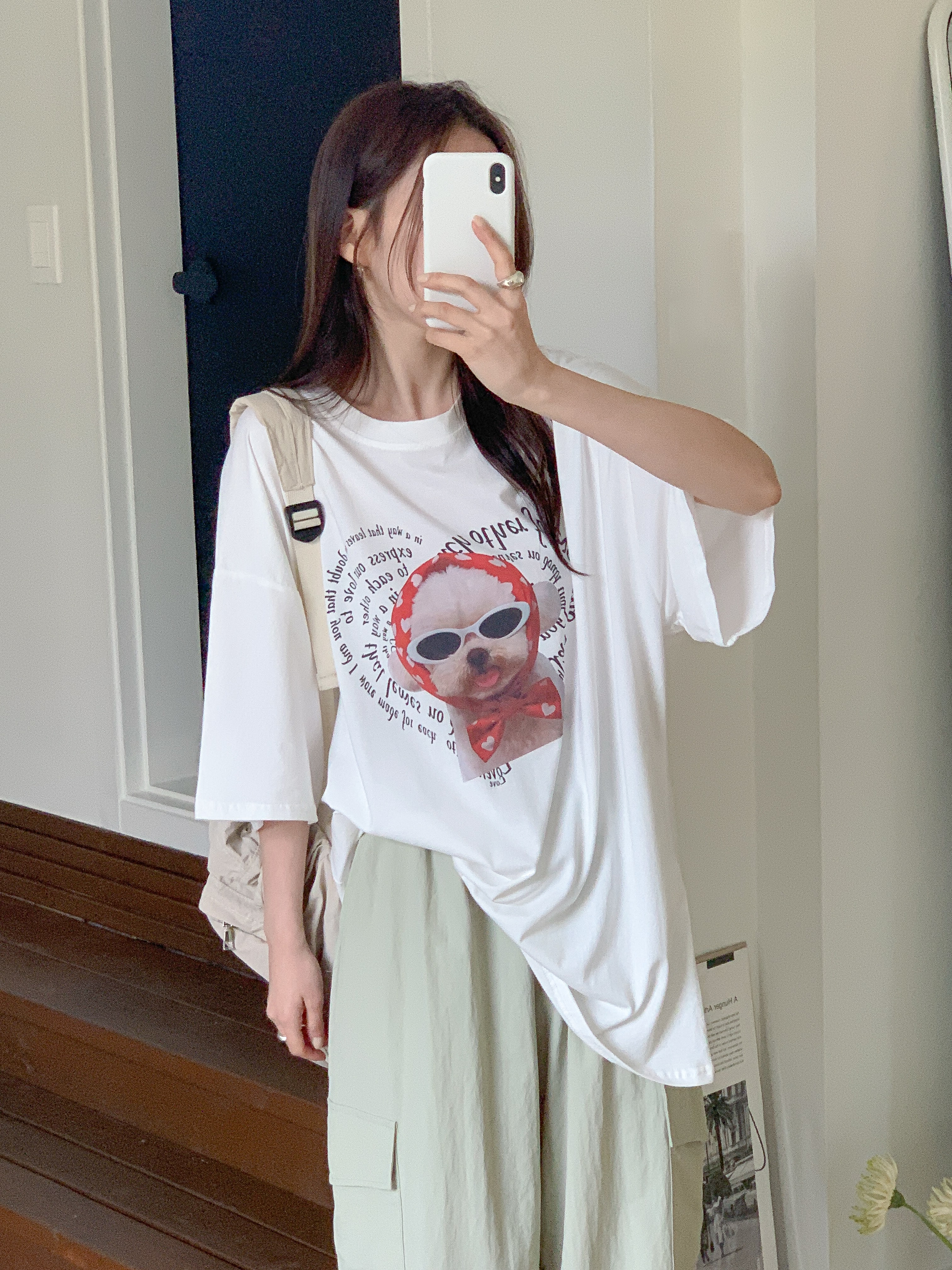 コットンラウンドネックオーバーサイズルーズ半袖ドロップショルダーレタリングプリント子犬犬ころTシャツ | 詳細画像8