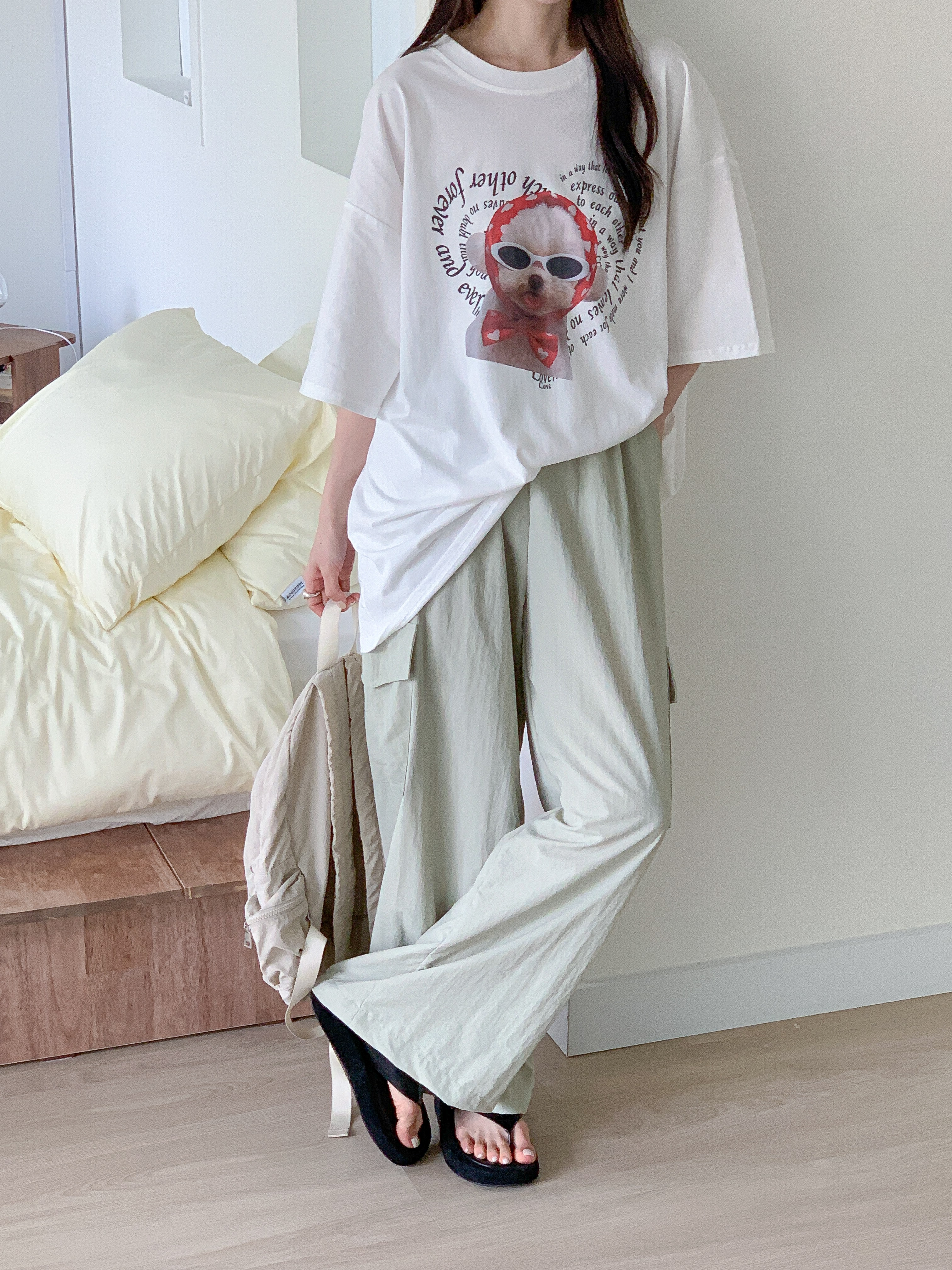 コットンラウンドネックオーバーサイズルーズ半袖ドロップショルダーレタリングプリント子犬犬ころTシャツ | 詳細画像9