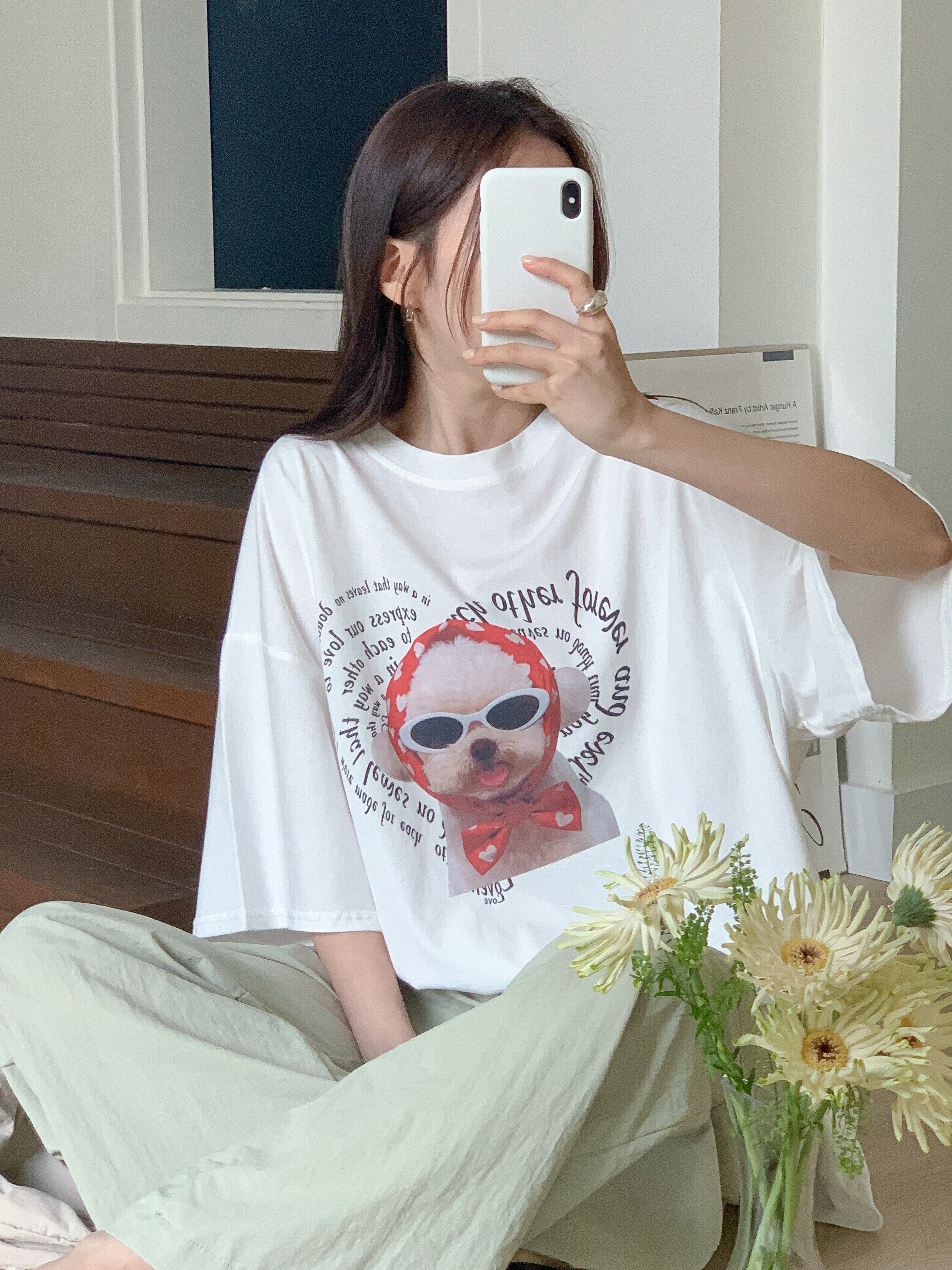 コットンラウンドネックオーバーサイズルーズ半袖ドロップショルダーレタリングプリント子犬犬ころTシャツ | 詳細画像10