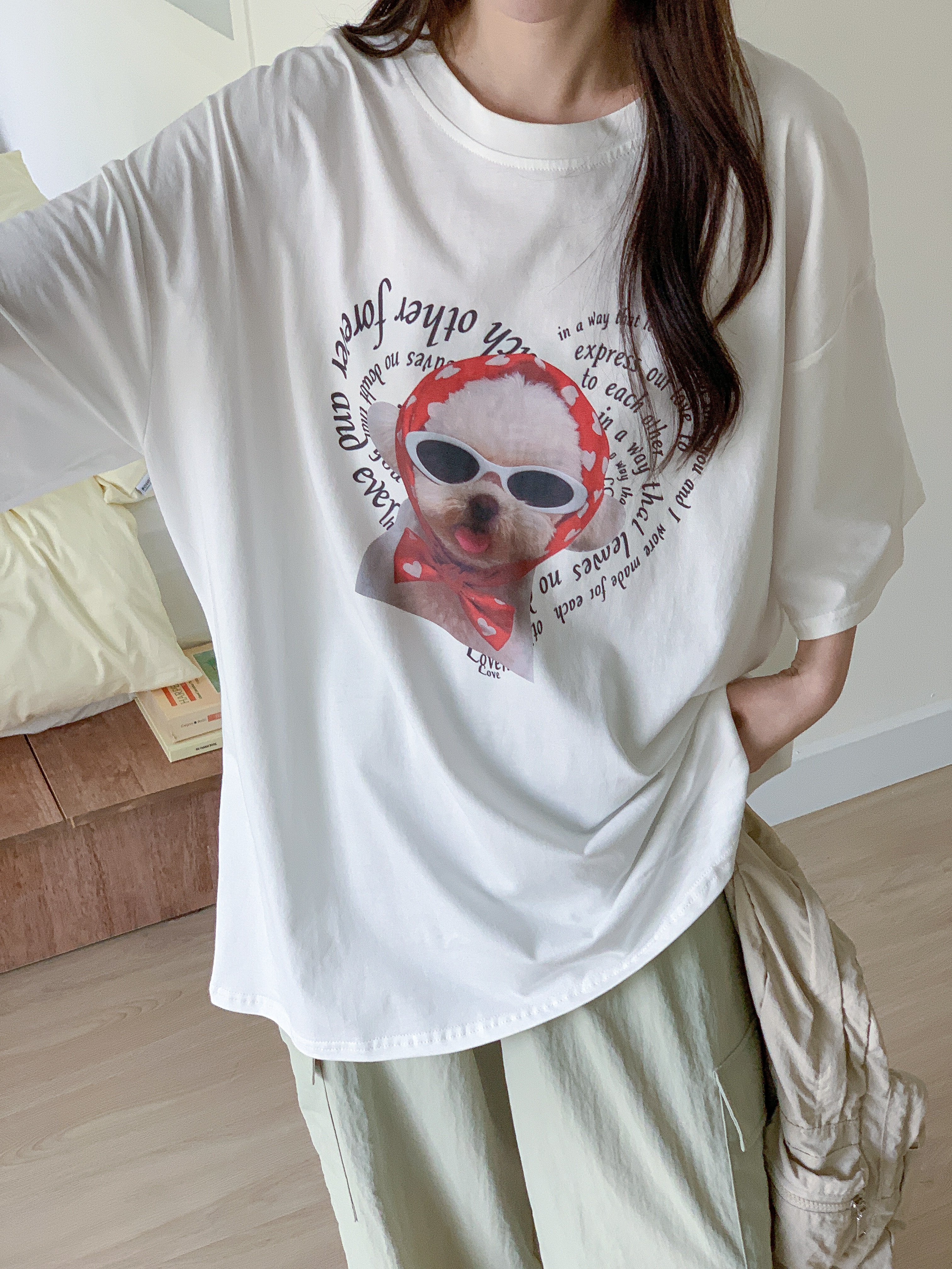 コットンラウンドネックオーバーサイズルーズ半袖ドロップショルダーレタリングプリント子犬犬ころTシャツ | 詳細画像11