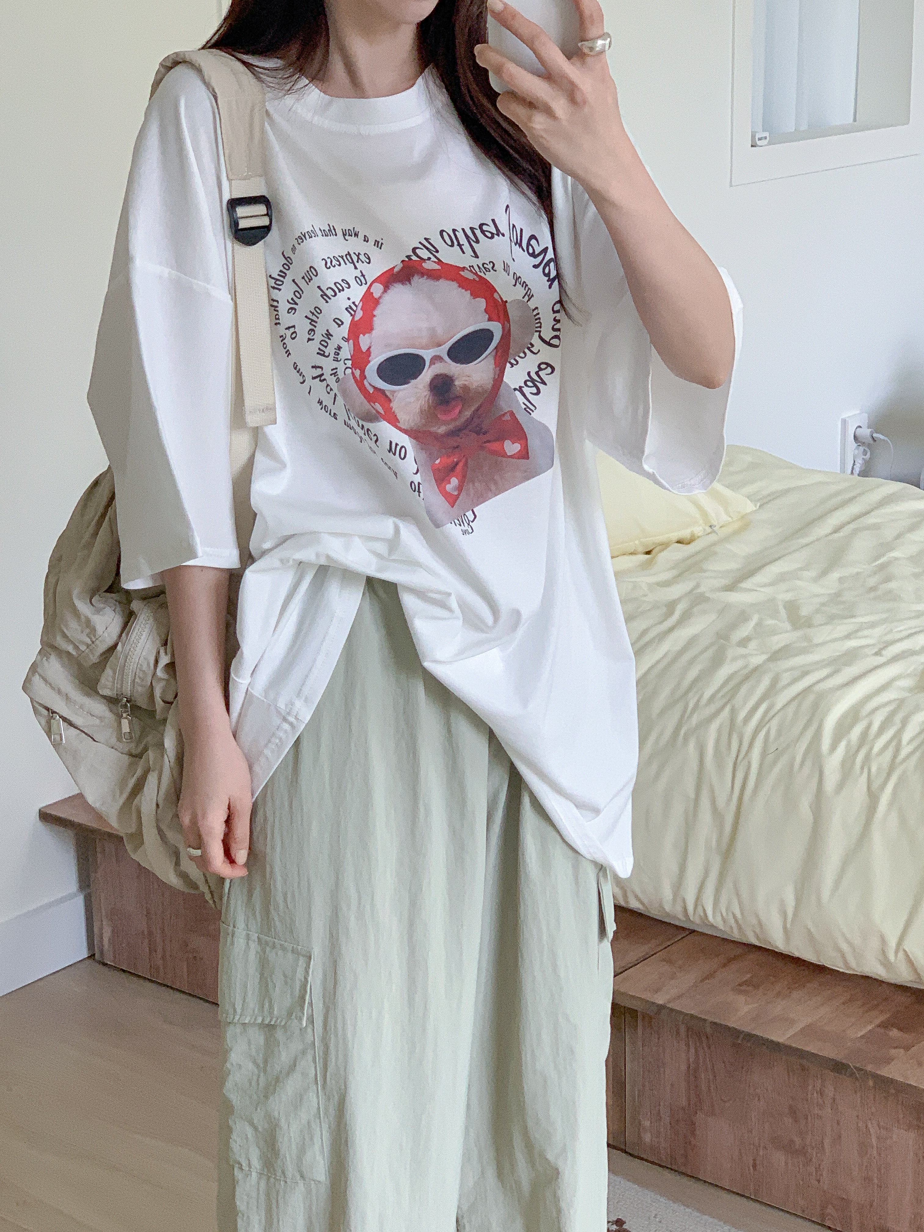 コットンラウンドネックオーバーサイズルーズ半袖ドロップショルダーレタリングプリント子犬犬ころTシャツ | 詳細画像12