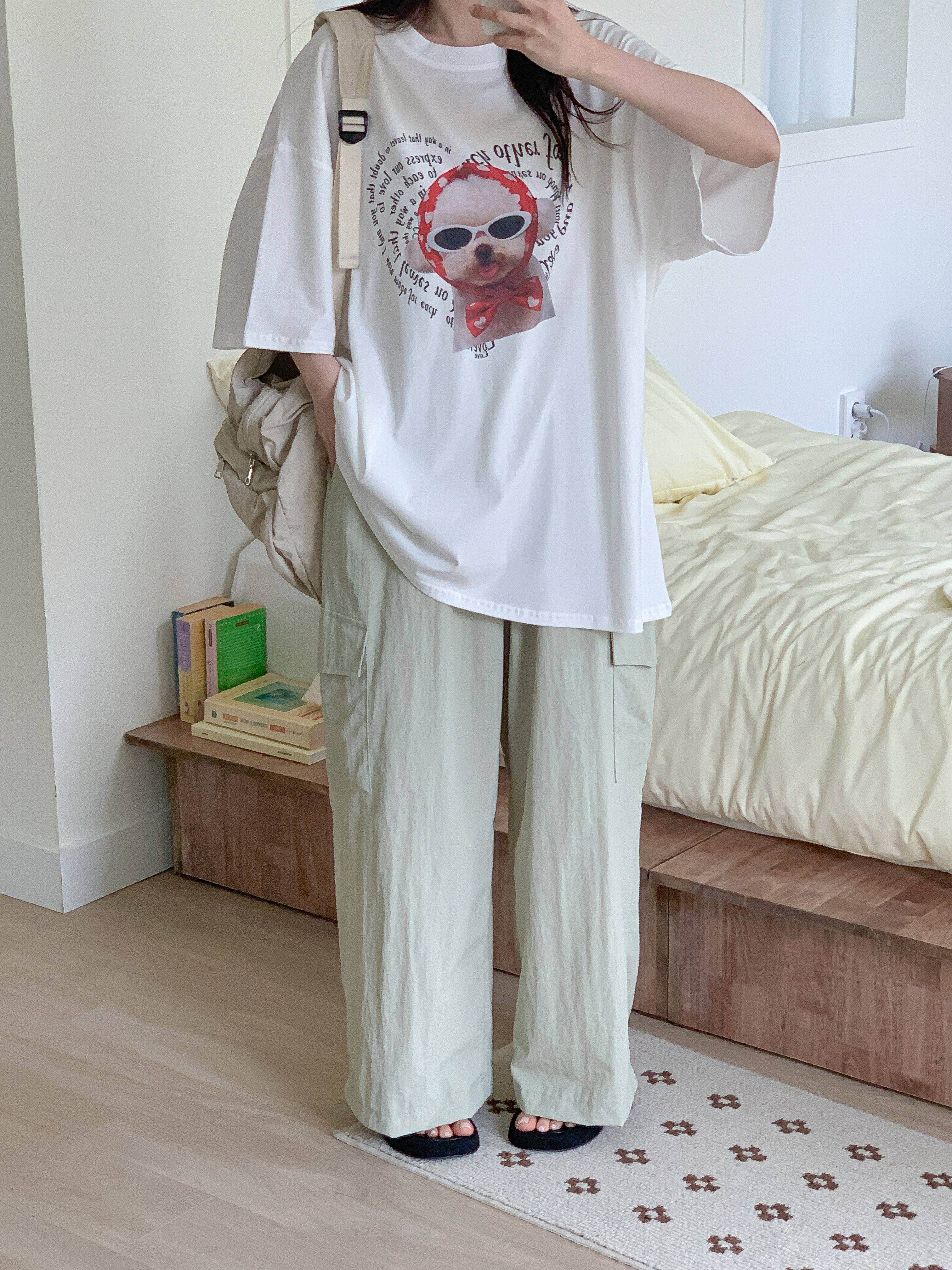 コットンラウンドネックオーバーサイズルーズ半袖ドロップショルダーレタリングプリント子犬犬ころTシャツ | 詳細画像14