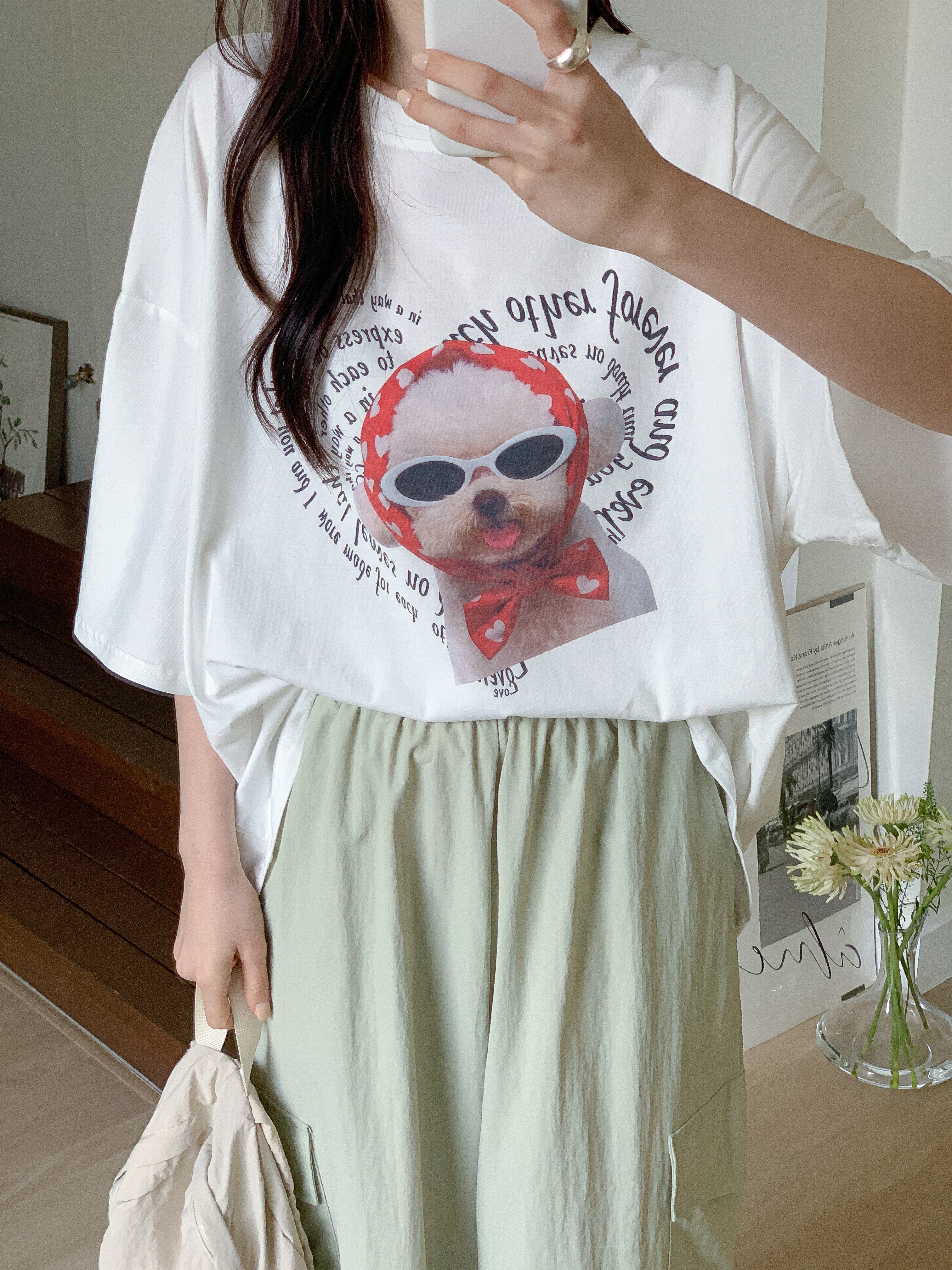 コットンラウンドネックオーバーサイズルーズ半袖ドロップショルダーレタリングプリント子犬犬ころTシャツ | 詳細画像16