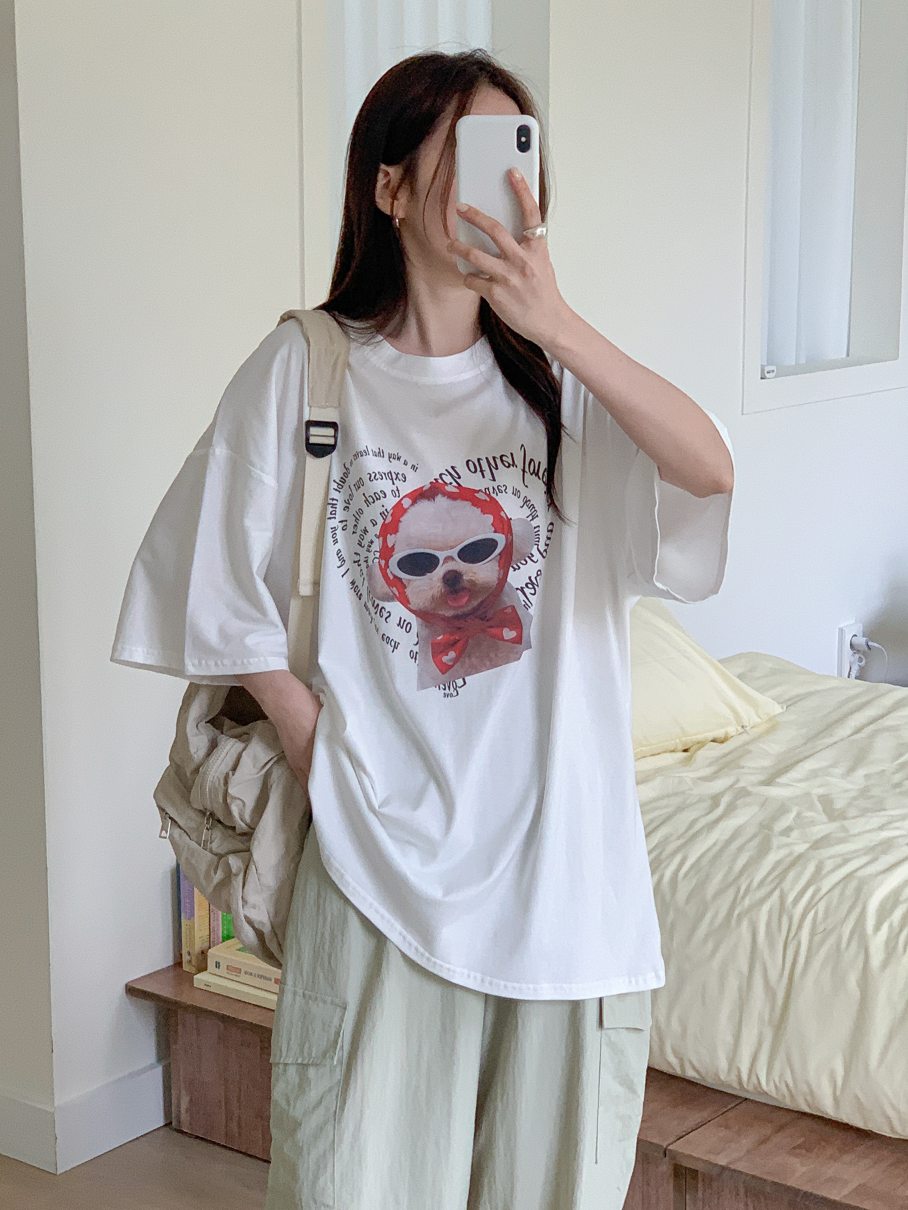 コットンラウンドネックオーバーサイズルーズ半袖ドロップショルダーレタリングプリント子犬犬ころTシャツ | 詳細画像17