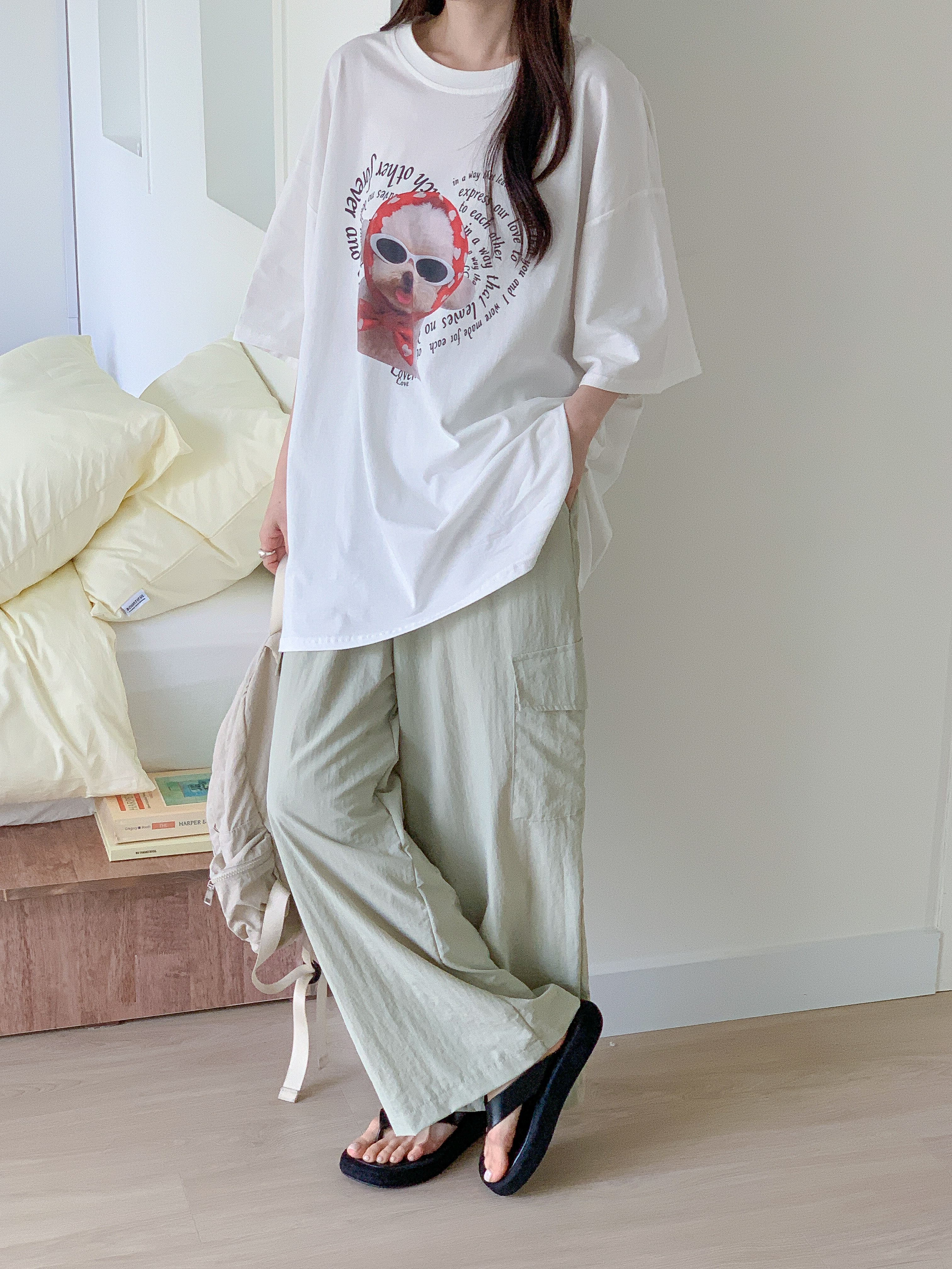 コットンラウンドネックオーバーサイズルーズ半袖ドロップショルダーレタリングプリント子犬犬ころTシャツ | 詳細画像18