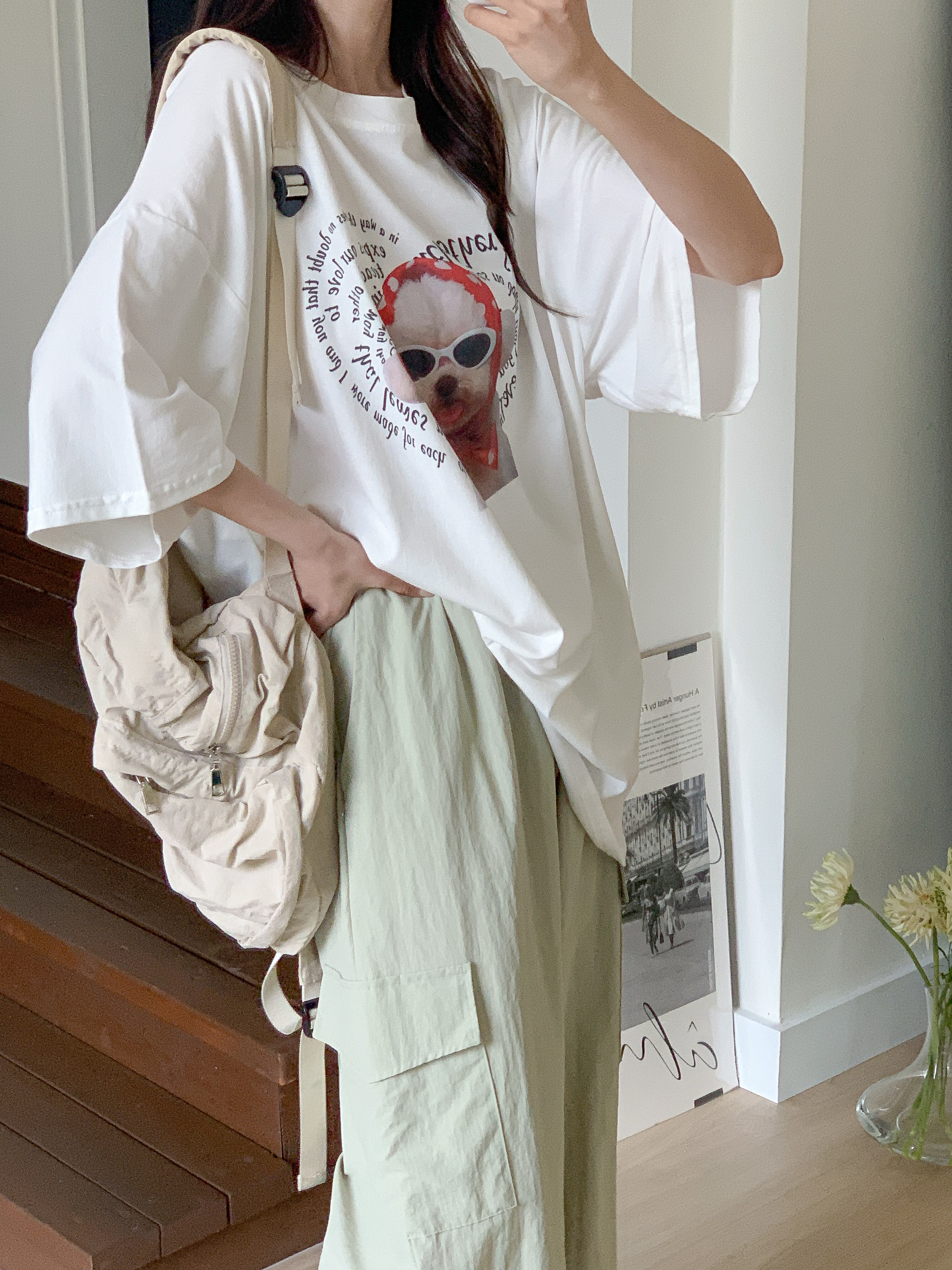 コットンラウンドネックオーバーサイズルーズ半袖ドロップショルダーレタリングプリント子犬犬ころTシャツ | 詳細画像19
