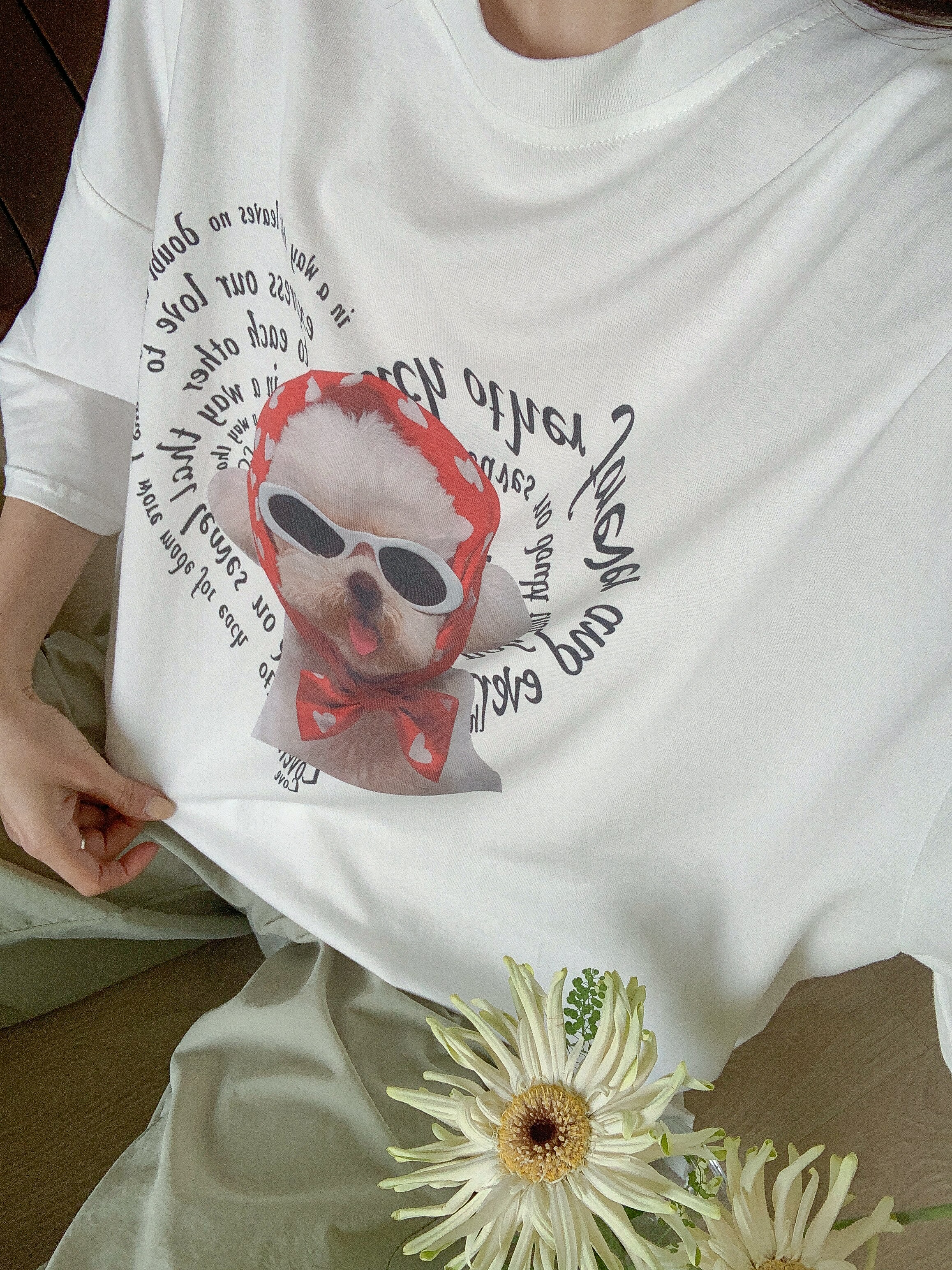 コットンラウンドネックオーバーサイズルーズ半袖ドロップショルダーレタリングプリント子犬犬ころTシャツ | 詳細画像20