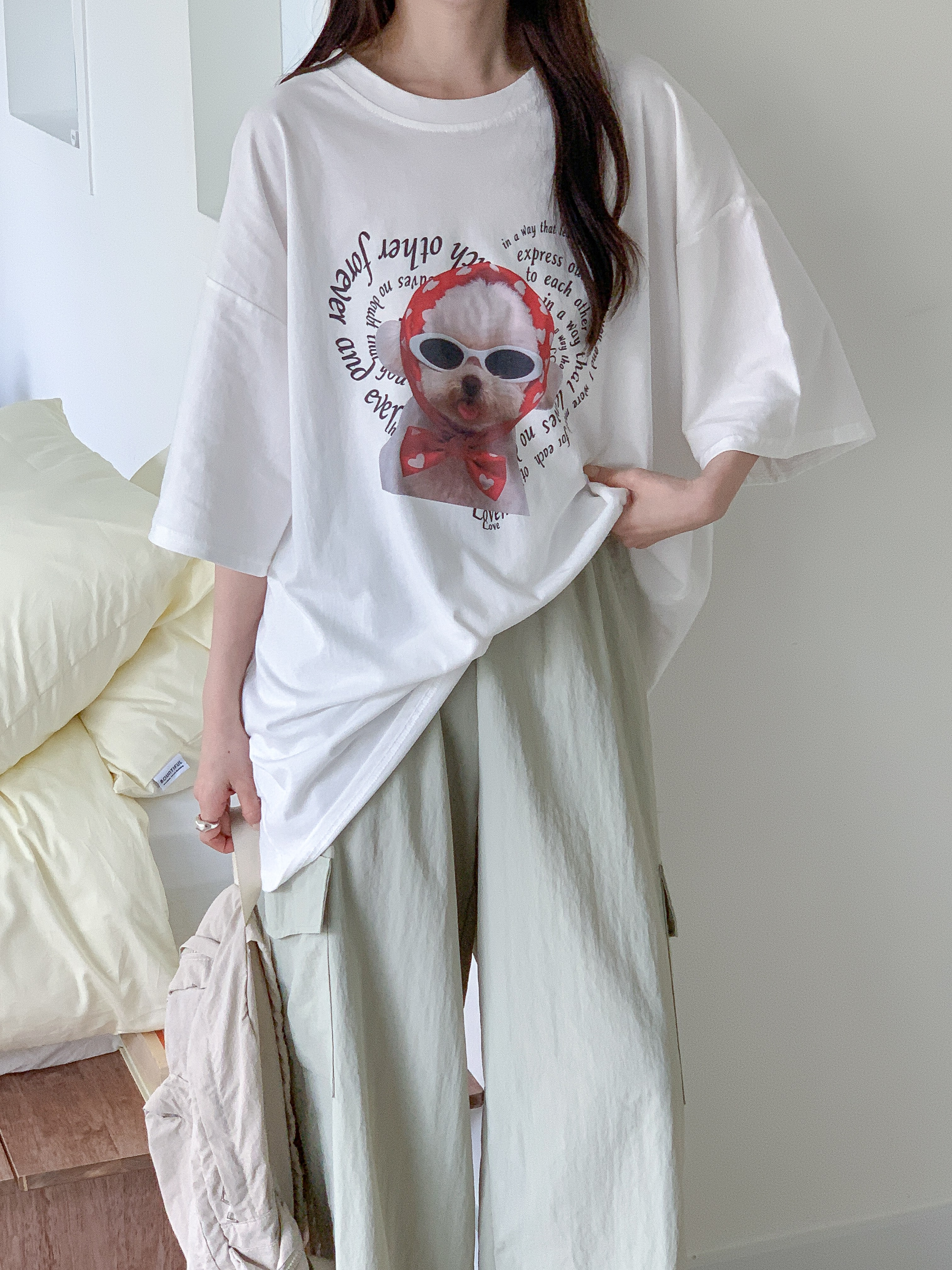コットンラウンドネックオーバーサイズルーズ半袖ドロップショルダーレタリングプリント子犬犬ころTシャツ | 詳細画像21