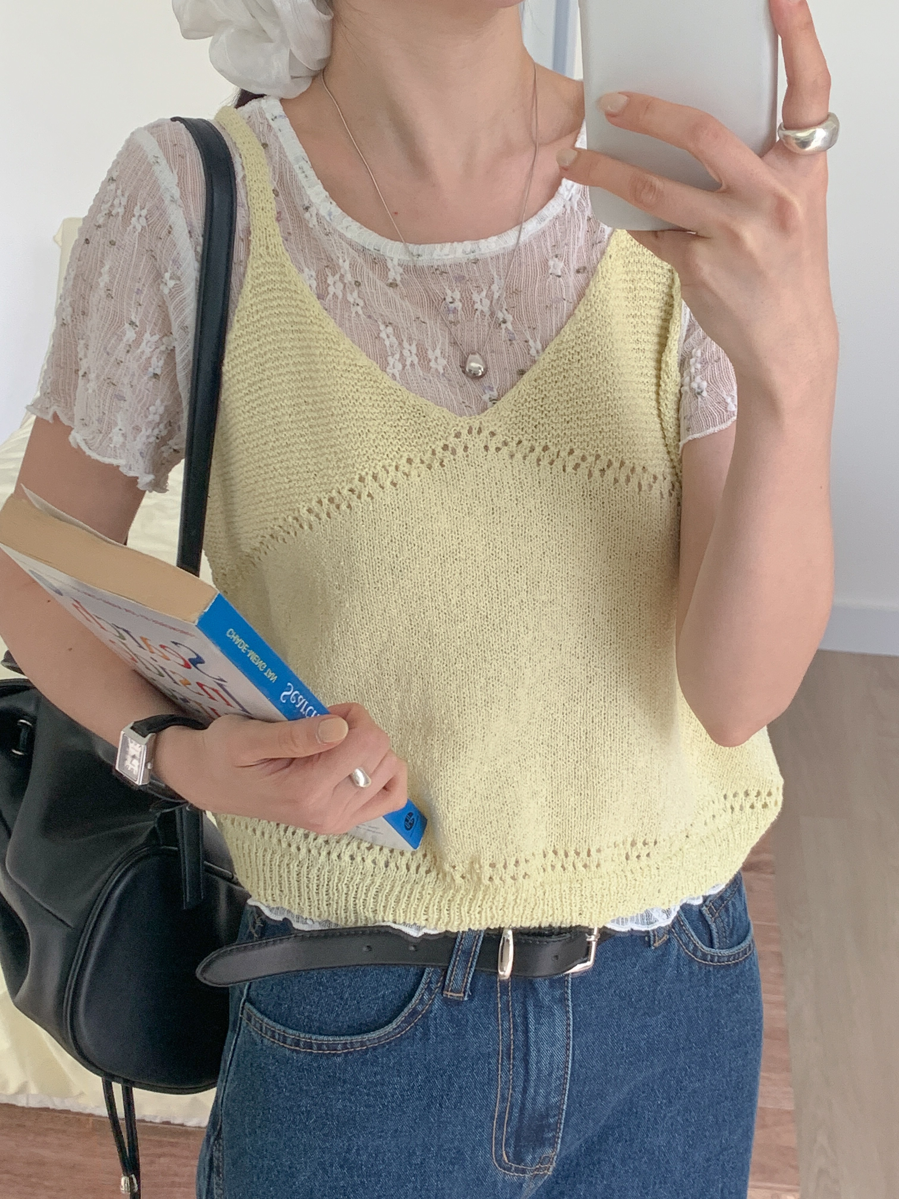 ラウンドネックVネックパンチングルーズ半袖小花柄Tシャツビスチェアンサンブル | 詳細画像5