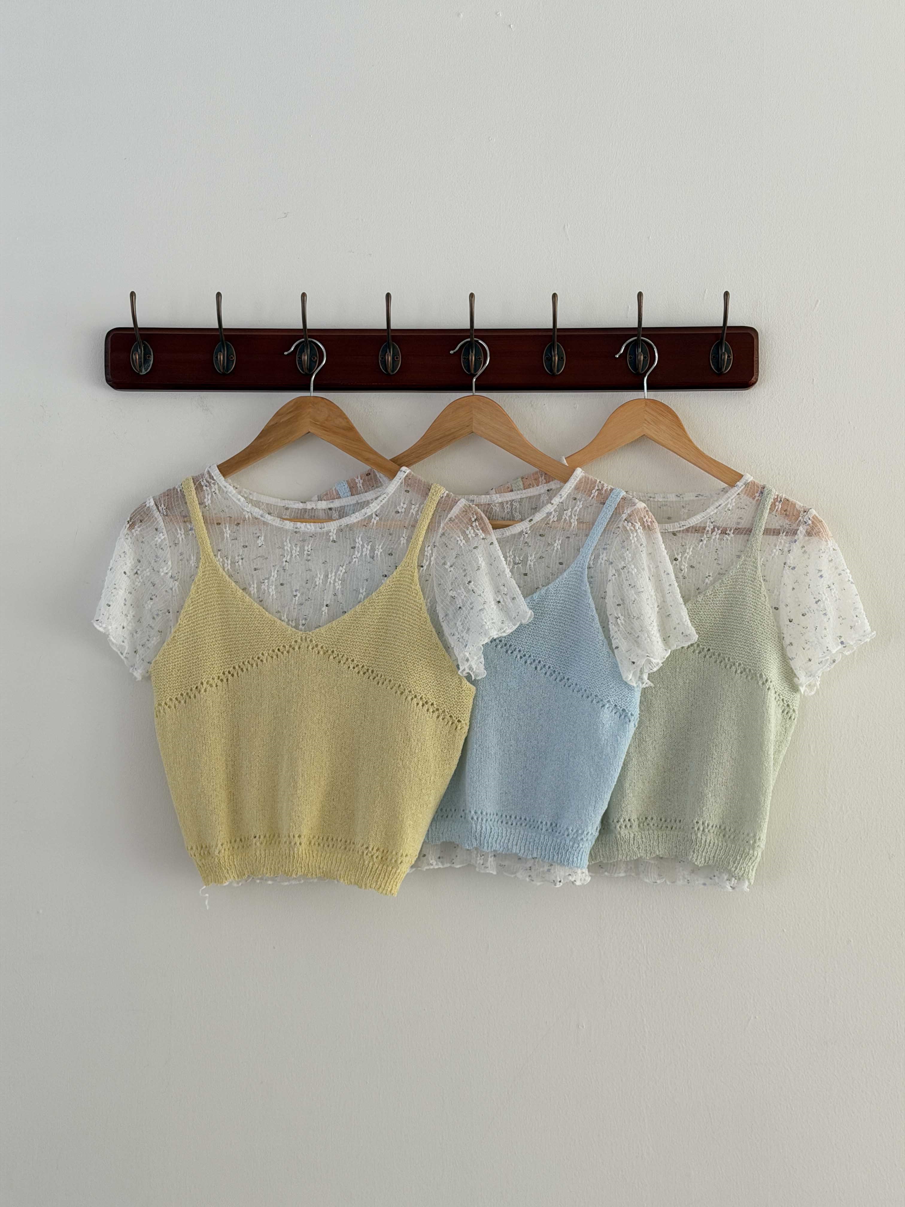 ラウンドネックVネックパンチングルーズ半袖小花柄Tシャツビスチェアンサンブル | 詳細画像21