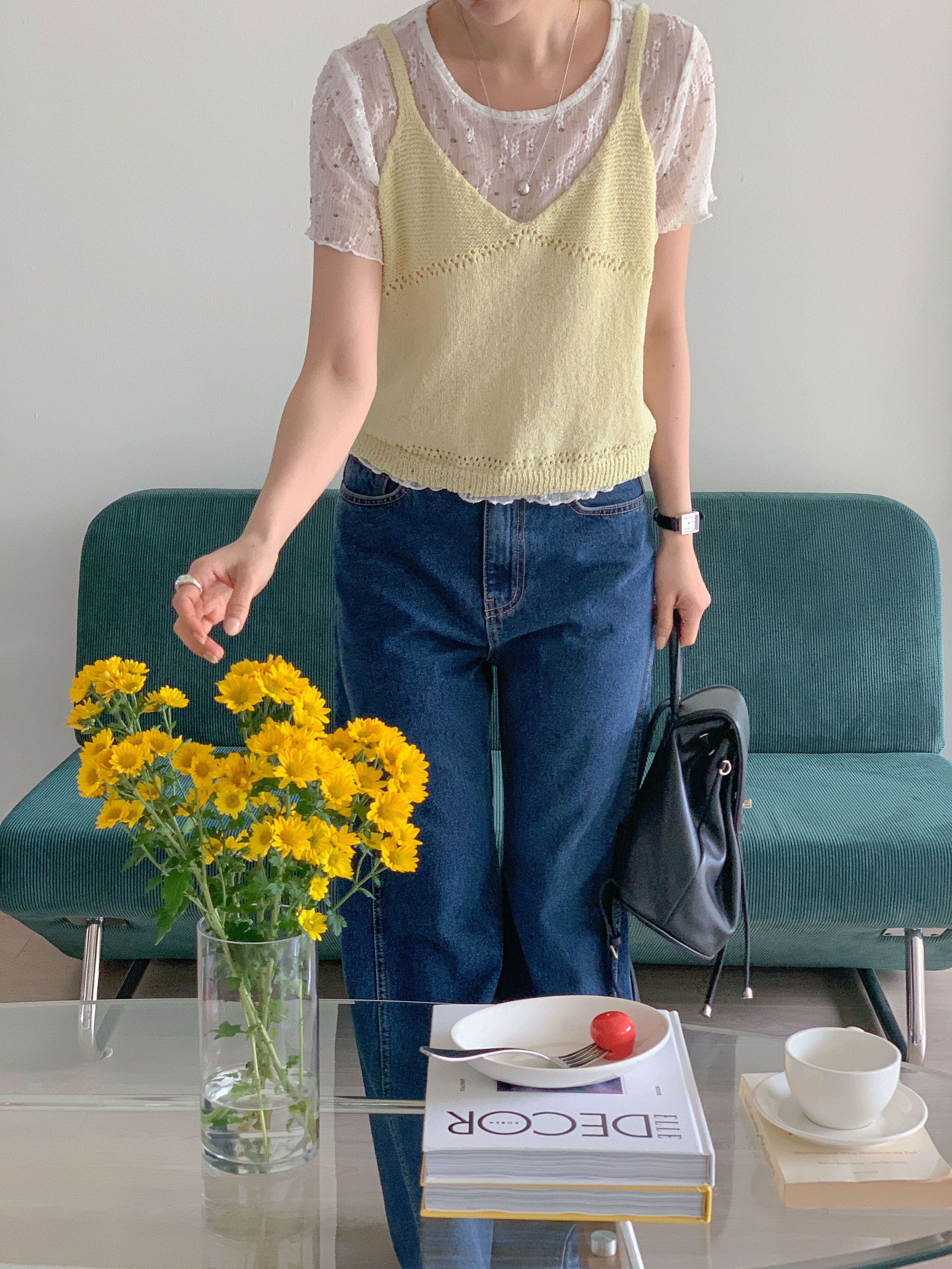 ラウンドネックVネックパンチングルーズ半袖小花柄Tシャツビスチェアンサンブル | 詳細画像6