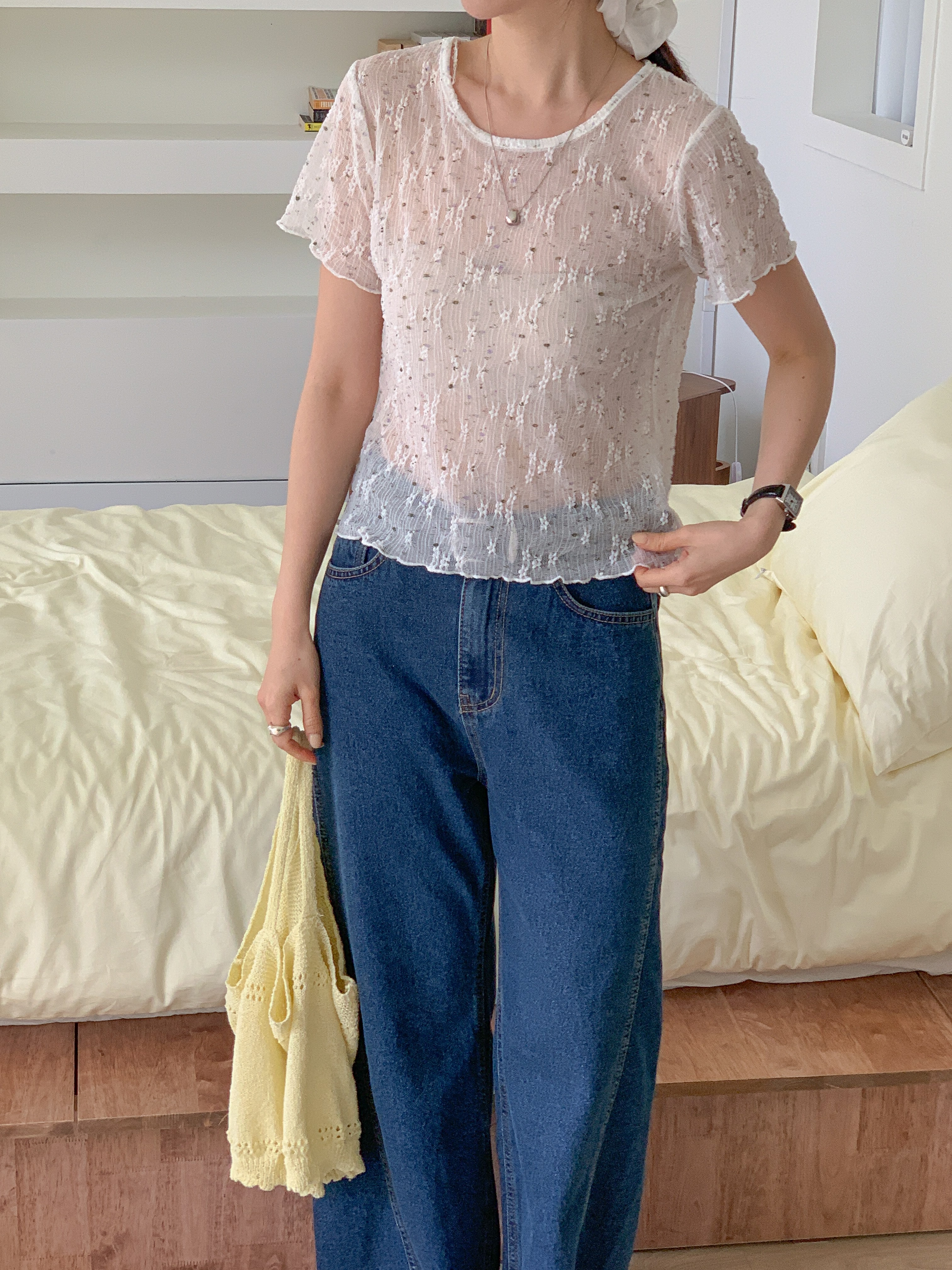 ラウンドネックVネックパンチングルーズ半袖小花柄Tシャツビスチェアンサンブル | 詳細画像7