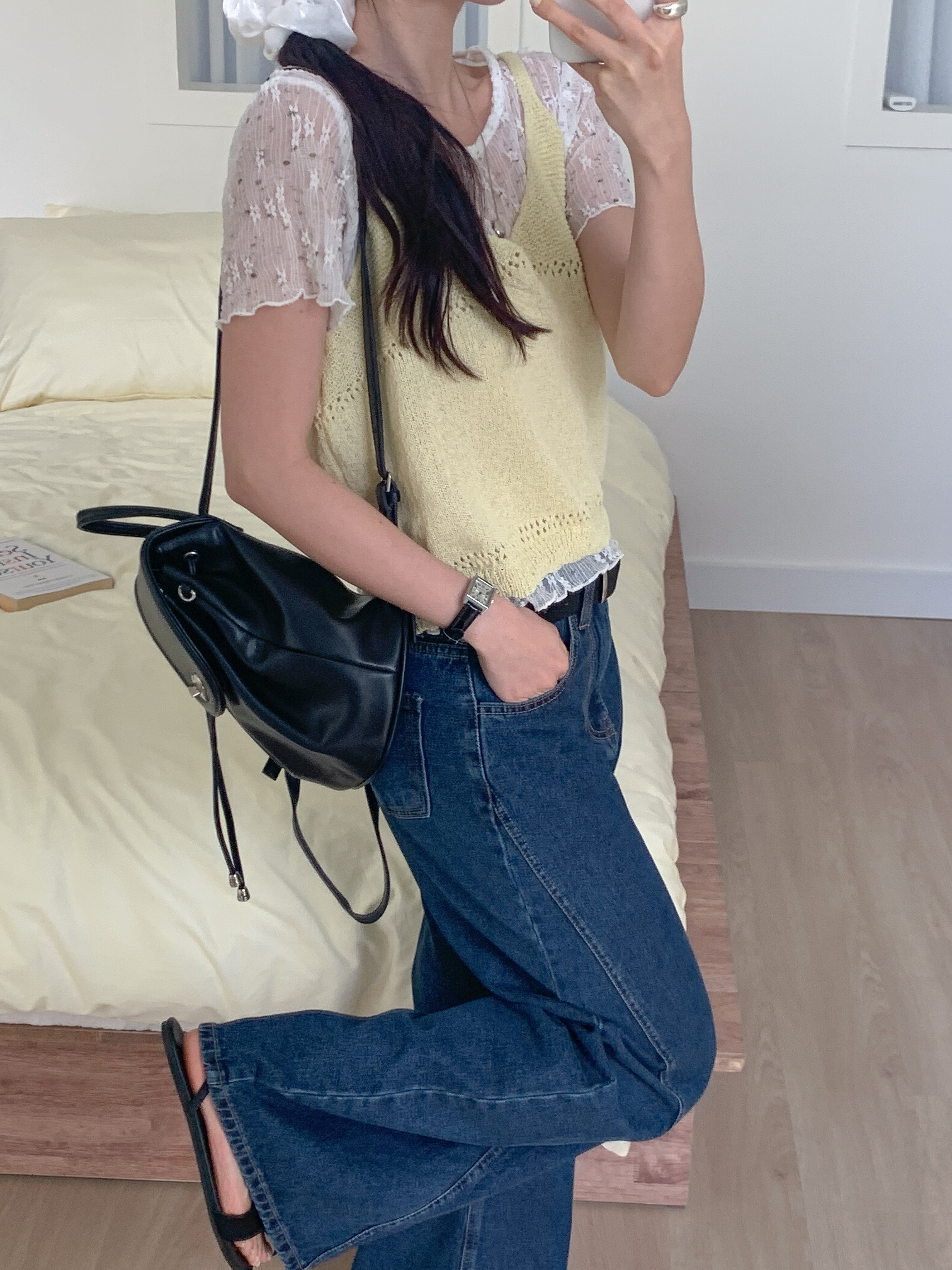 ラウンドネックVネックパンチングルーズ半袖小花柄Tシャツビスチェアンサンブル | 詳細画像9