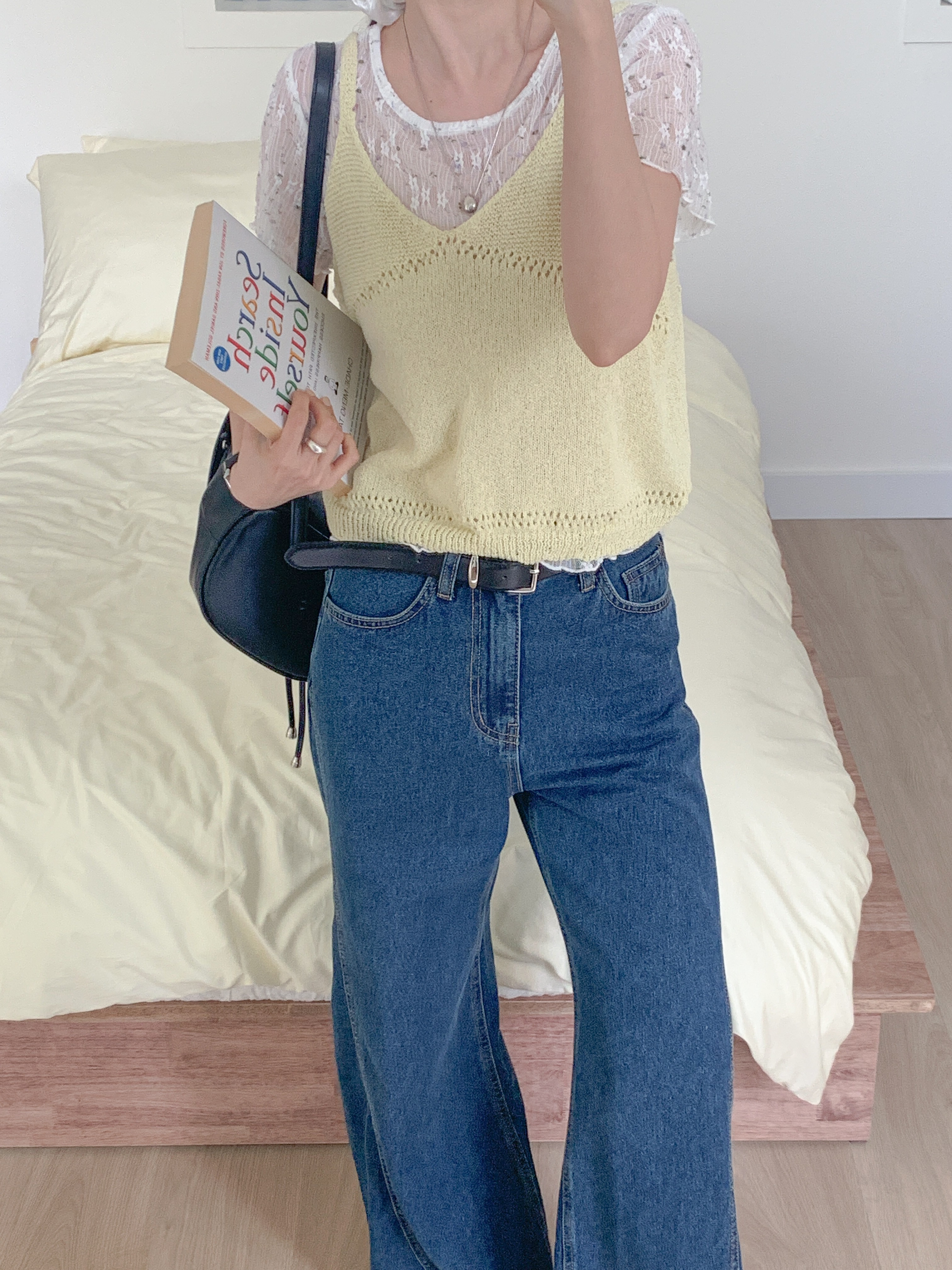 ラウンドネックVネックパンチングルーズ半袖小花柄Tシャツビスチェアンサンブル | 詳細画像10