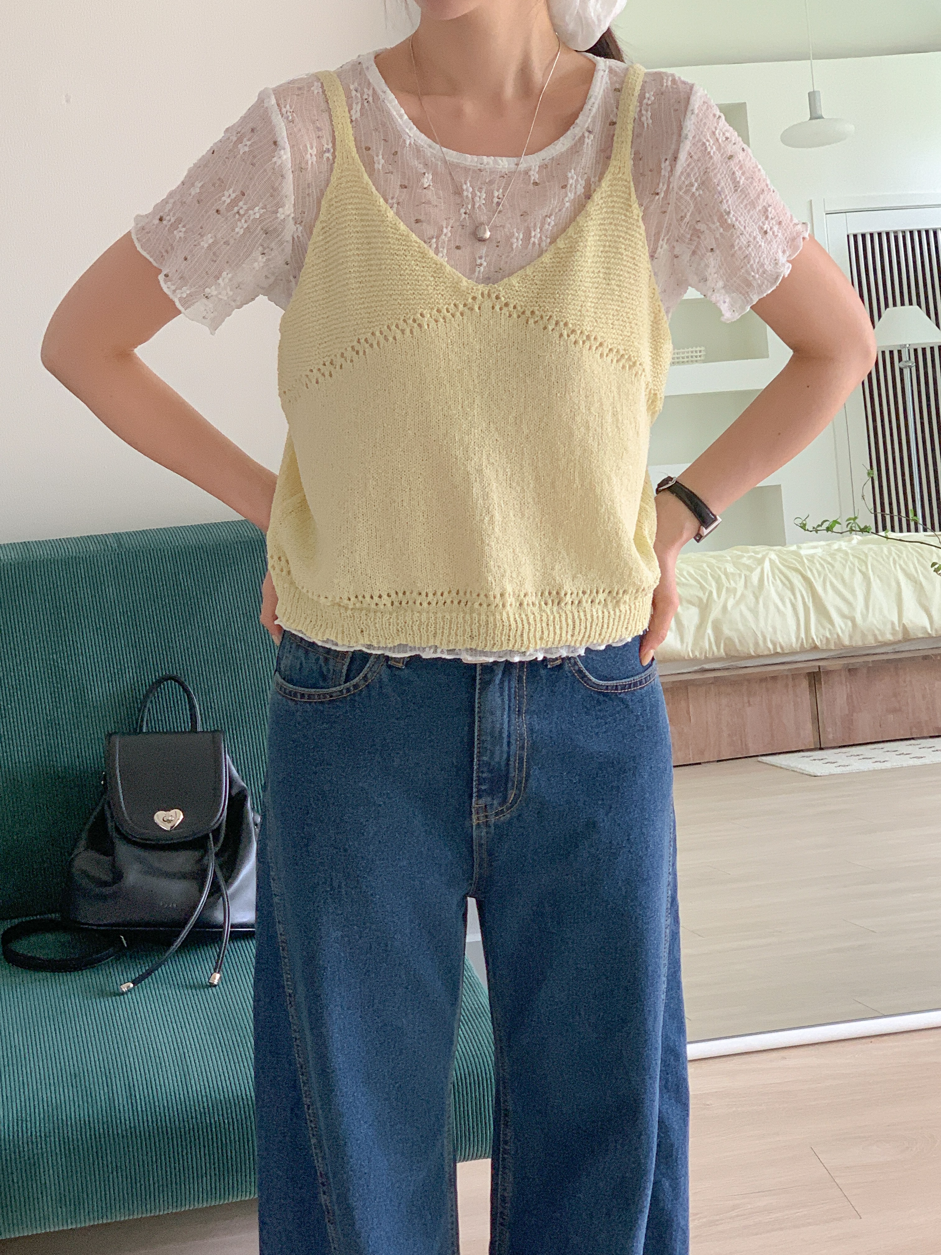 ラウンドネックVネックパンチングルーズ半袖小花柄Tシャツビスチェアンサンブル | 詳細画像14