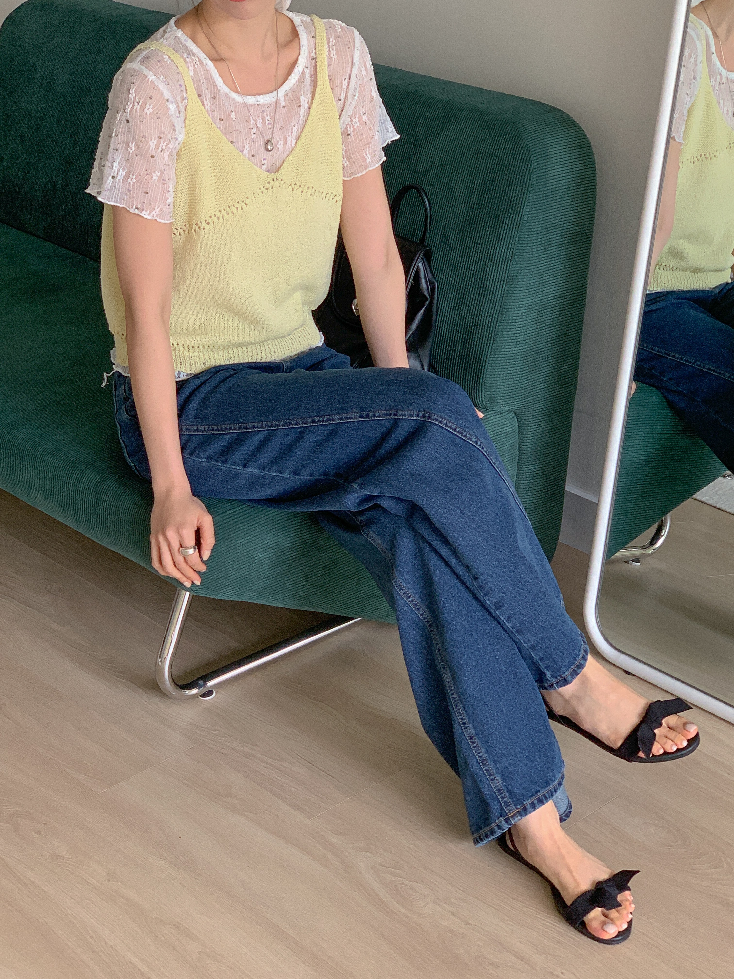 ラウンドネックVネックパンチングルーズ半袖小花柄Tシャツビスチェアンサンブル | 詳細画像15