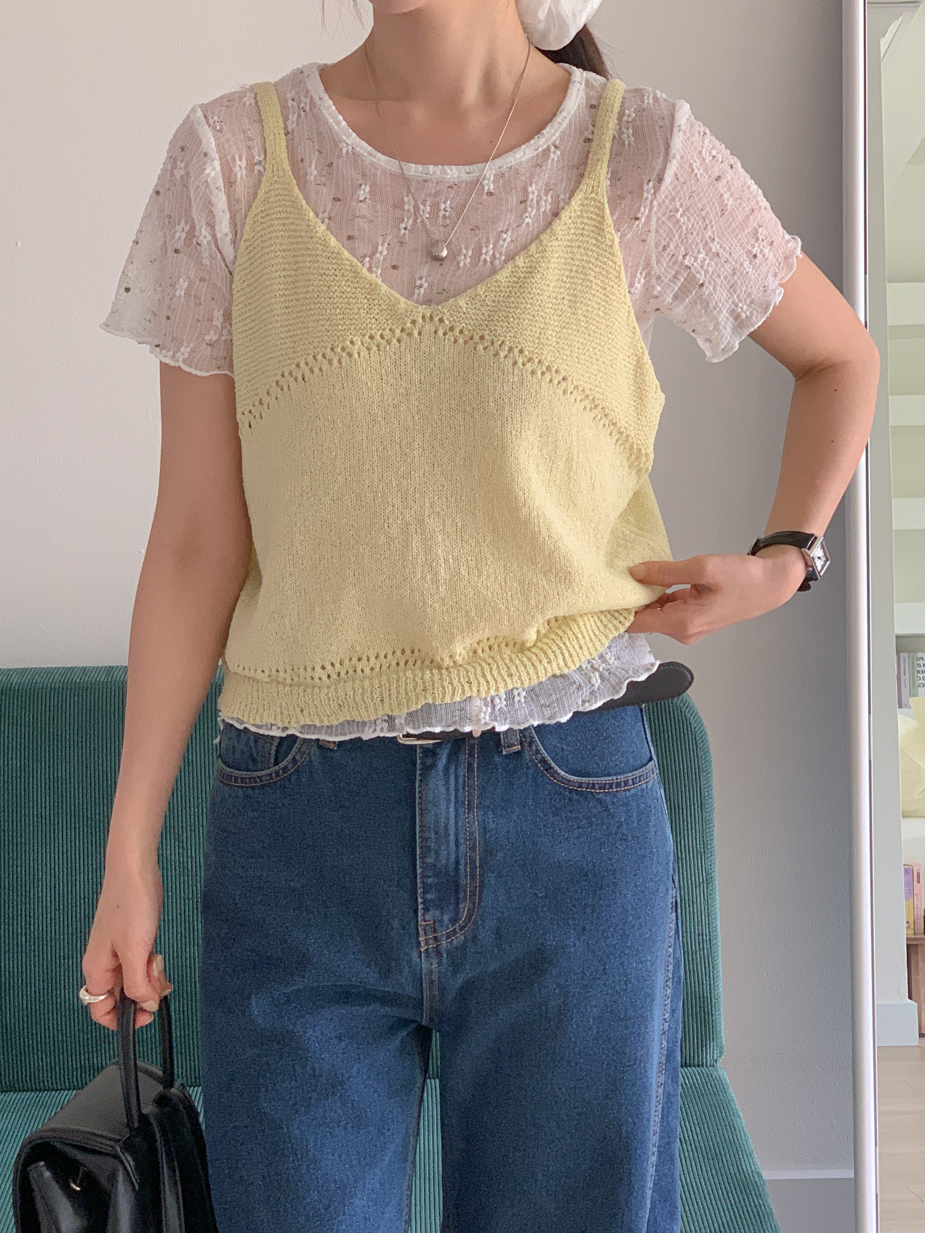 ラウンドネックVネックパンチングルーズ半袖小花柄Tシャツビスチェアンサンブル | 詳細画像16