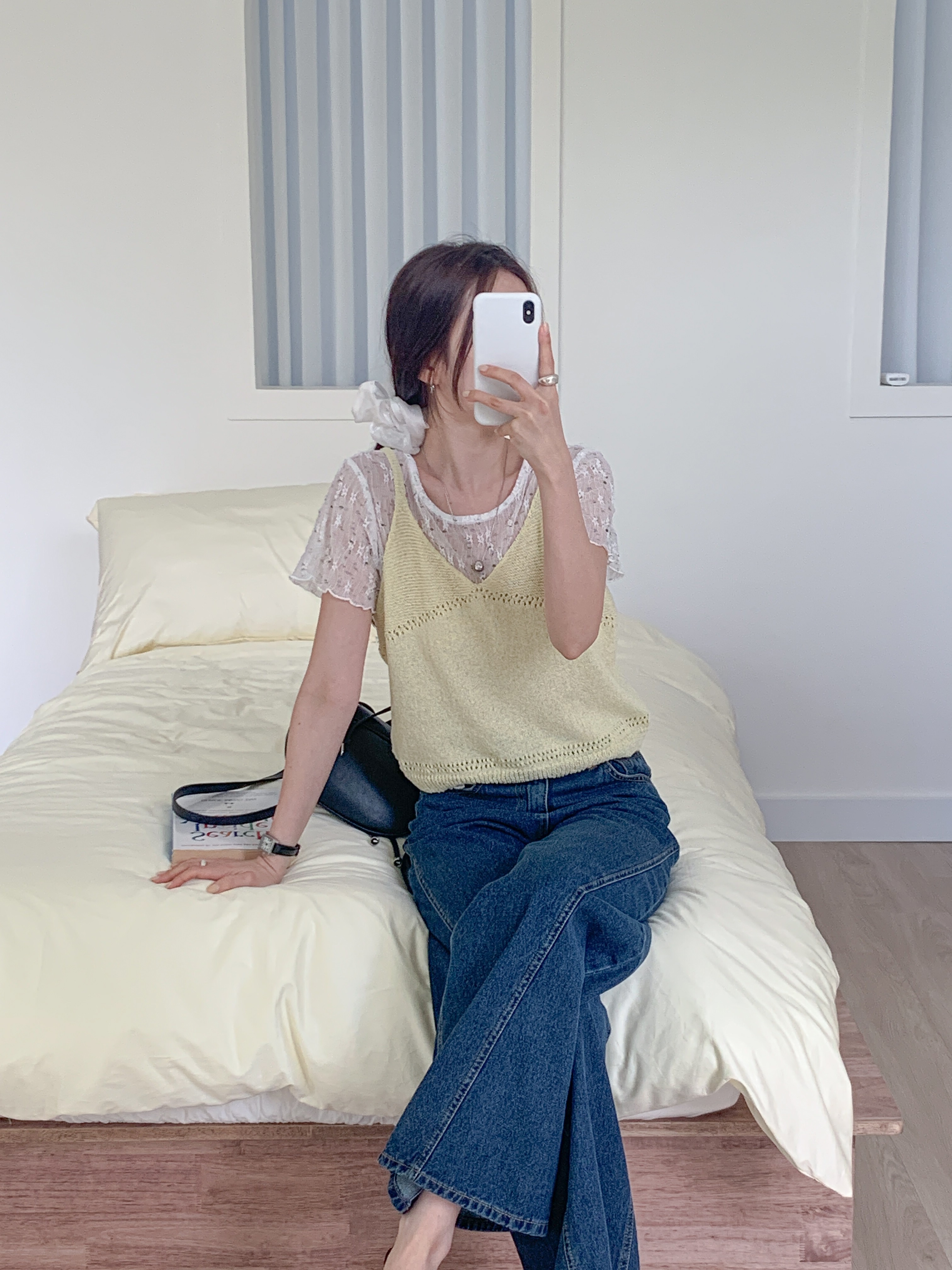 ラウンドネックVネックパンチングルーズ半袖小花柄Tシャツビスチェアンサンブル | 詳細画像17