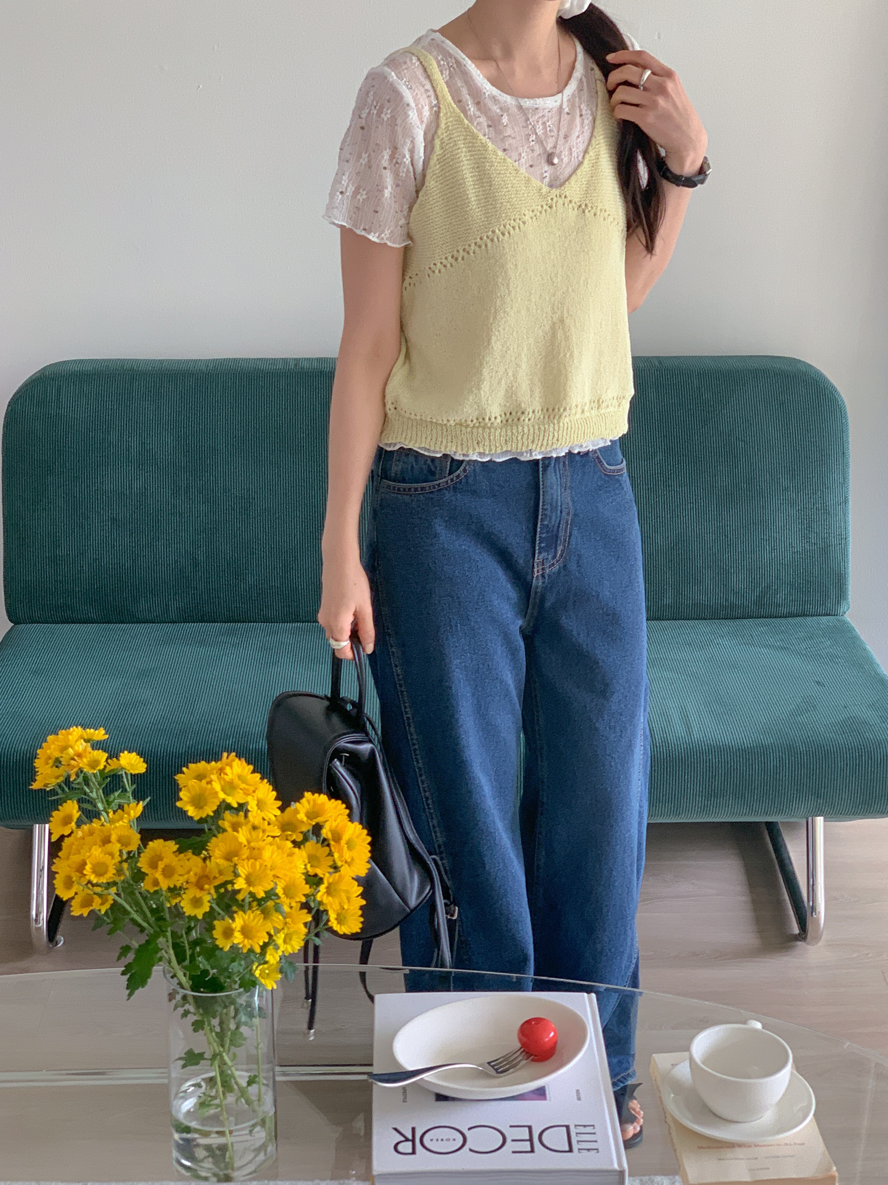 ラウンドネックVネックパンチングルーズ半袖小花柄Tシャツビスチェアンサンブル | 詳細画像19