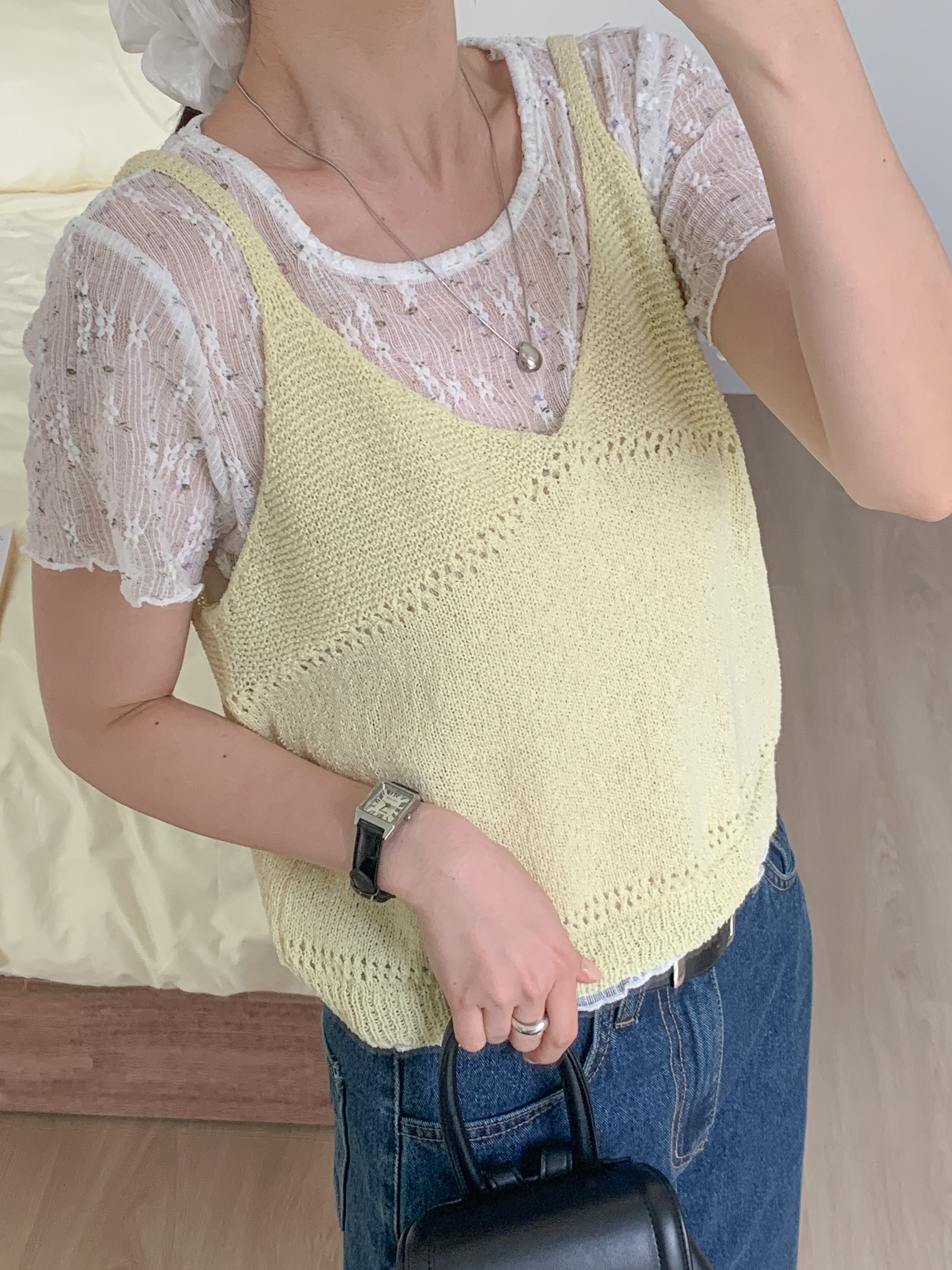 ラウンドネックVネックパンチングルーズ半袖小花柄Tシャツビスチェアンサンブル | 詳細画像20