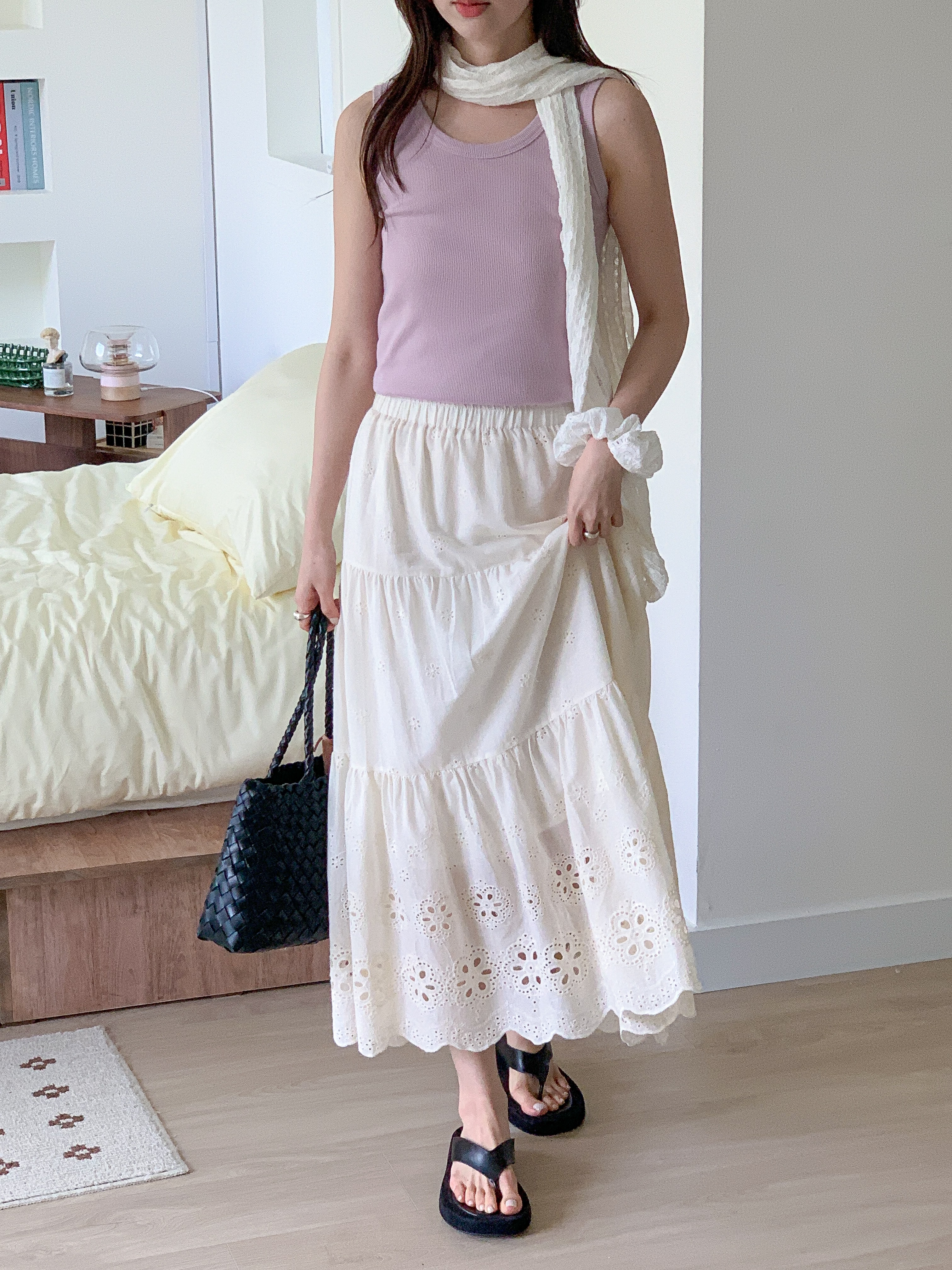 コットンシャーリングティアードパンチングウエストゴムロングAライン花柄スカート | 詳細画像7