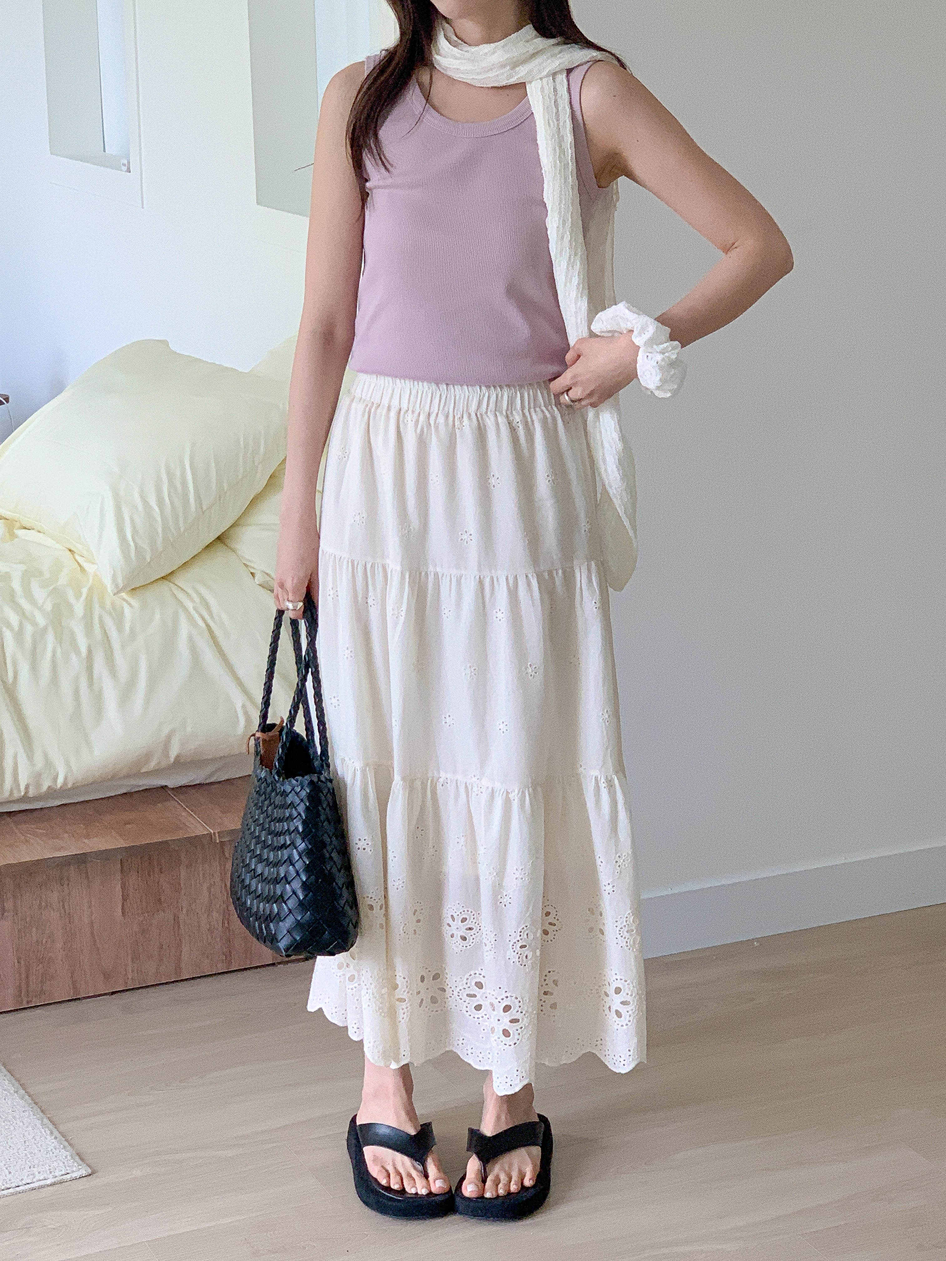 コットンシャーリングティアードパンチングウエストゴムロングAライン花柄スカート | 詳細画像8