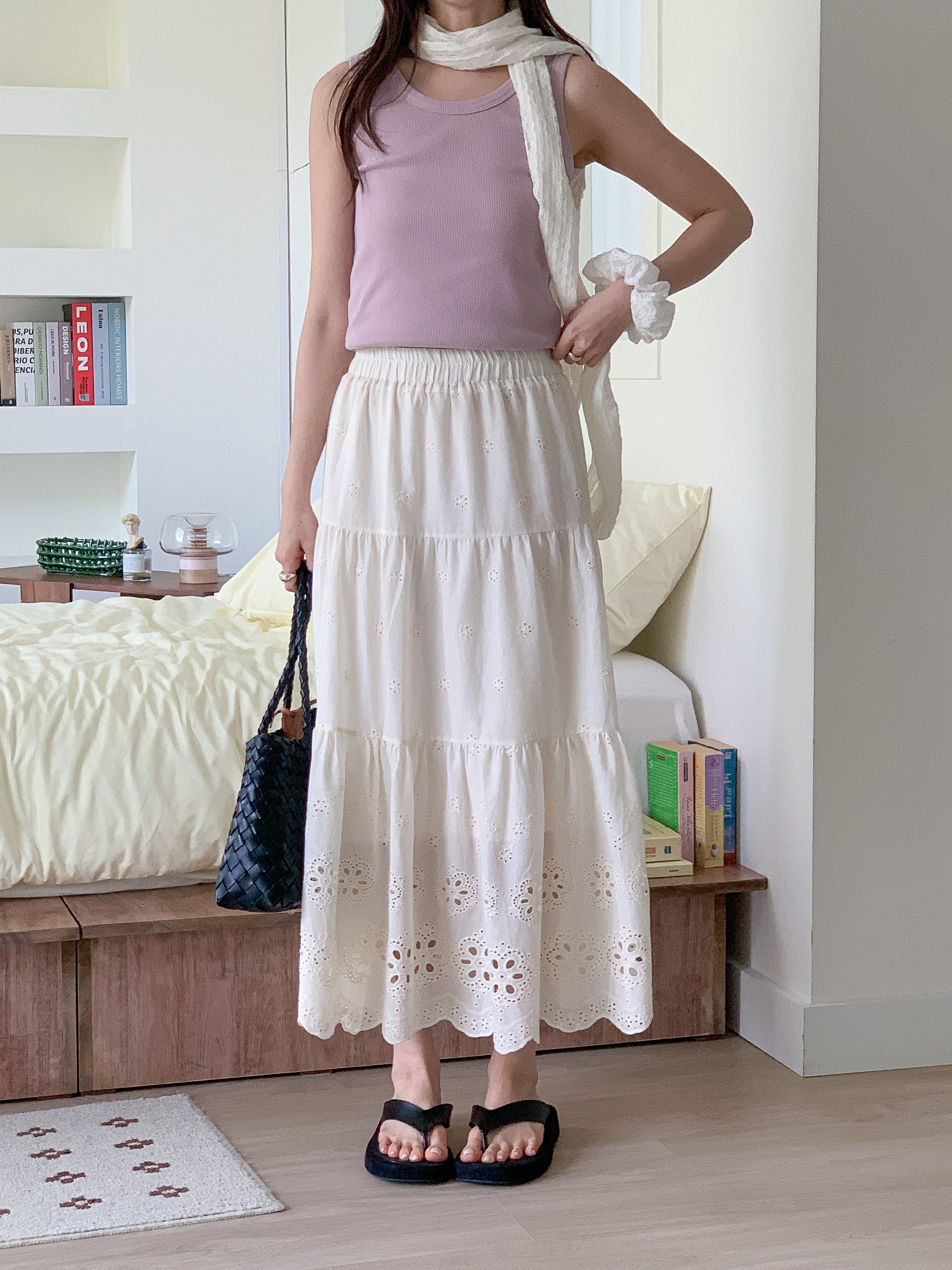 コットンシャーリングティアードパンチングウエストゴムロングAライン花柄スカート | 詳細画像11