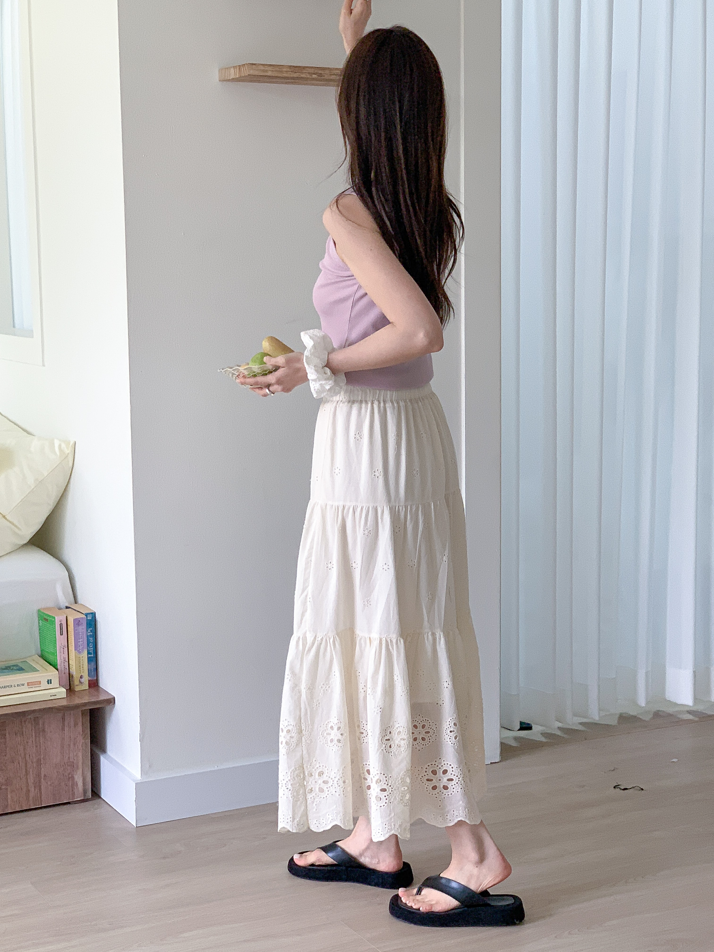 コットンシャーリングティアードパンチングウエストゴムロングAライン花柄スカート | 詳細画像19