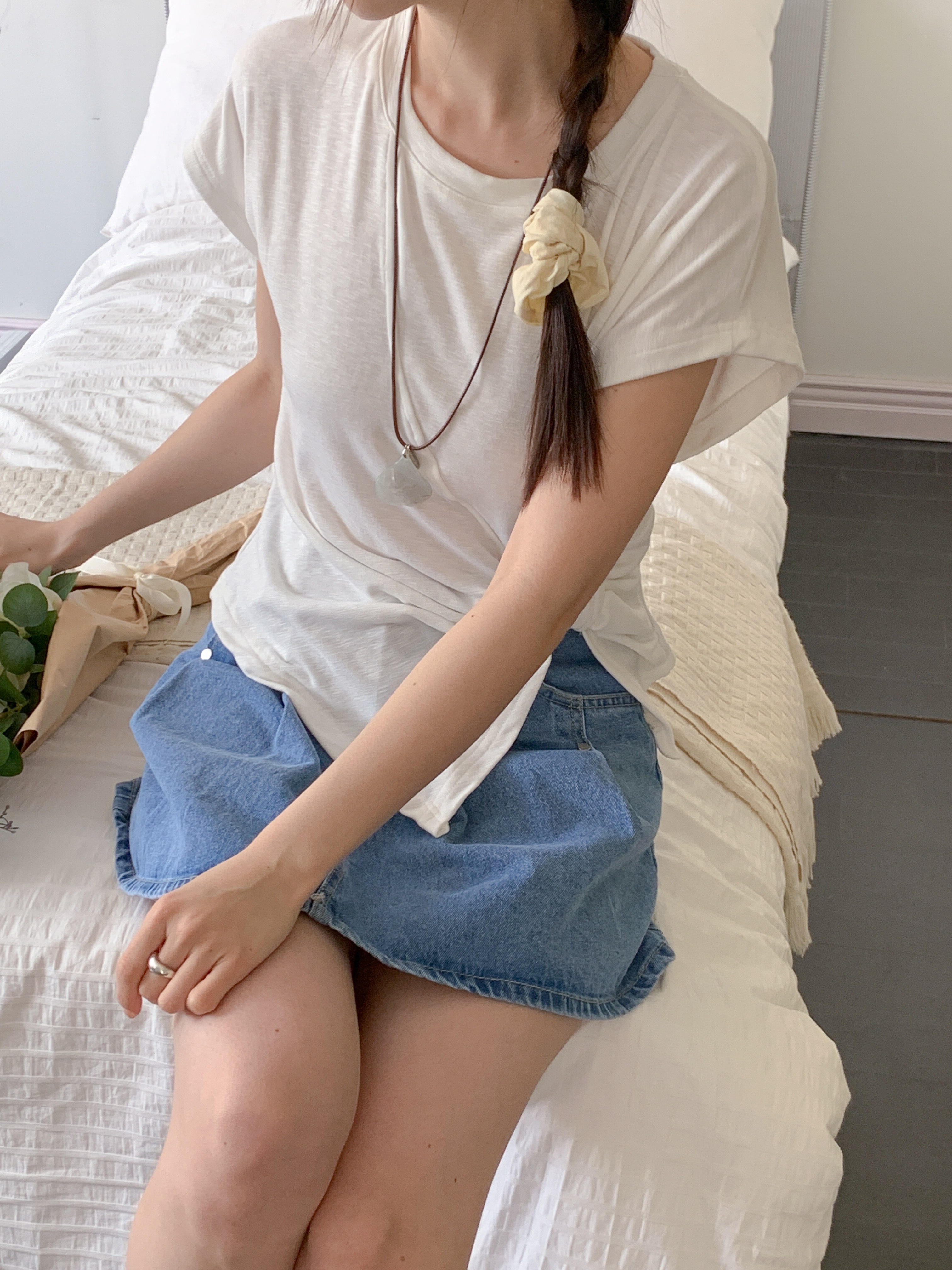 コットンドレープスリットラインフレンチスリーブルーズツイスト半袖無地Tシャツ | 詳細画像2